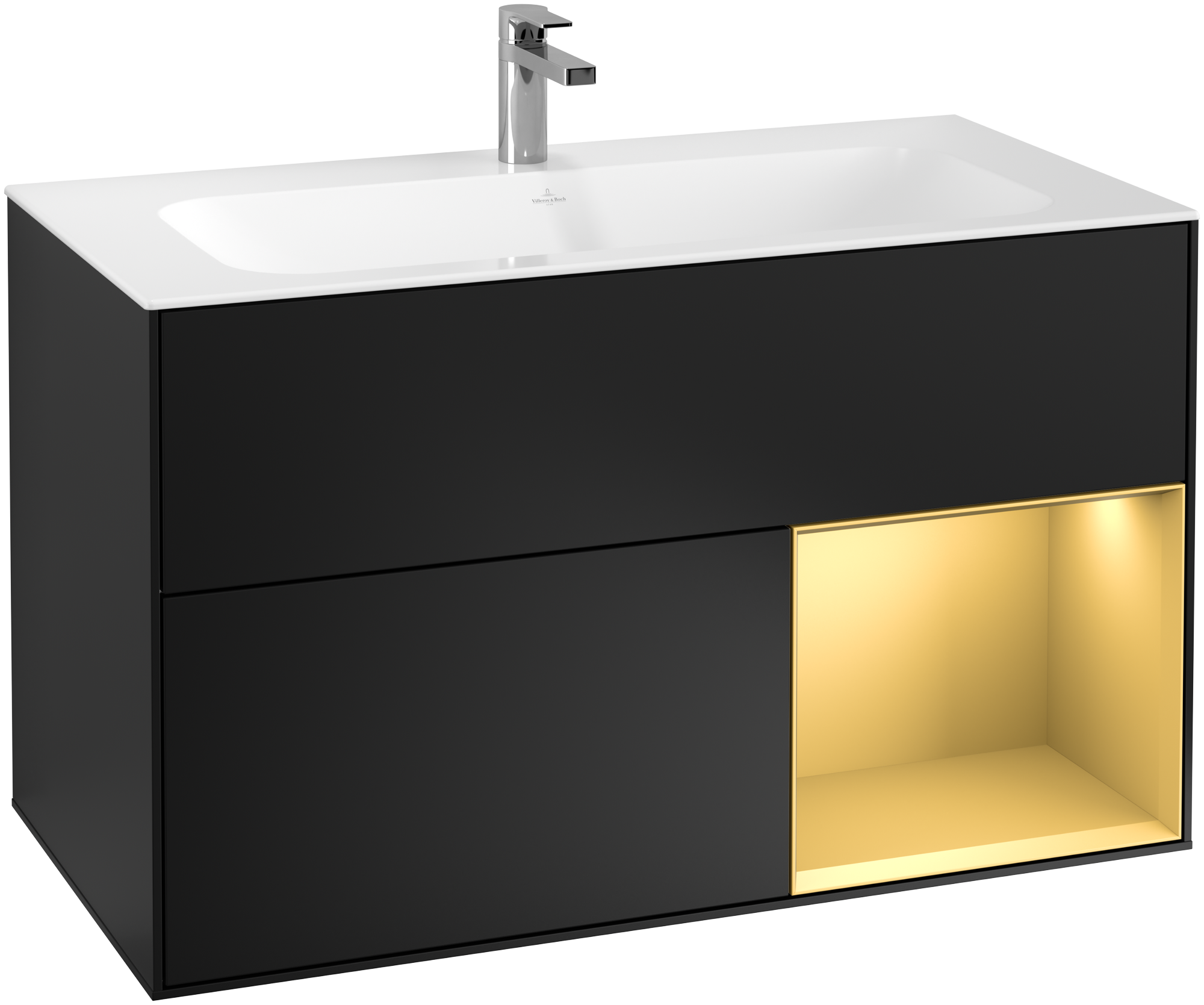 Villeroy & Boch Finion Vanity unit, with lighting, 2 pull-out compartments, 996x591x498mm, Body: Black Matt Lacquer, Front: Black Matt Lacquer, Shelf: Gold Matt Lacquer