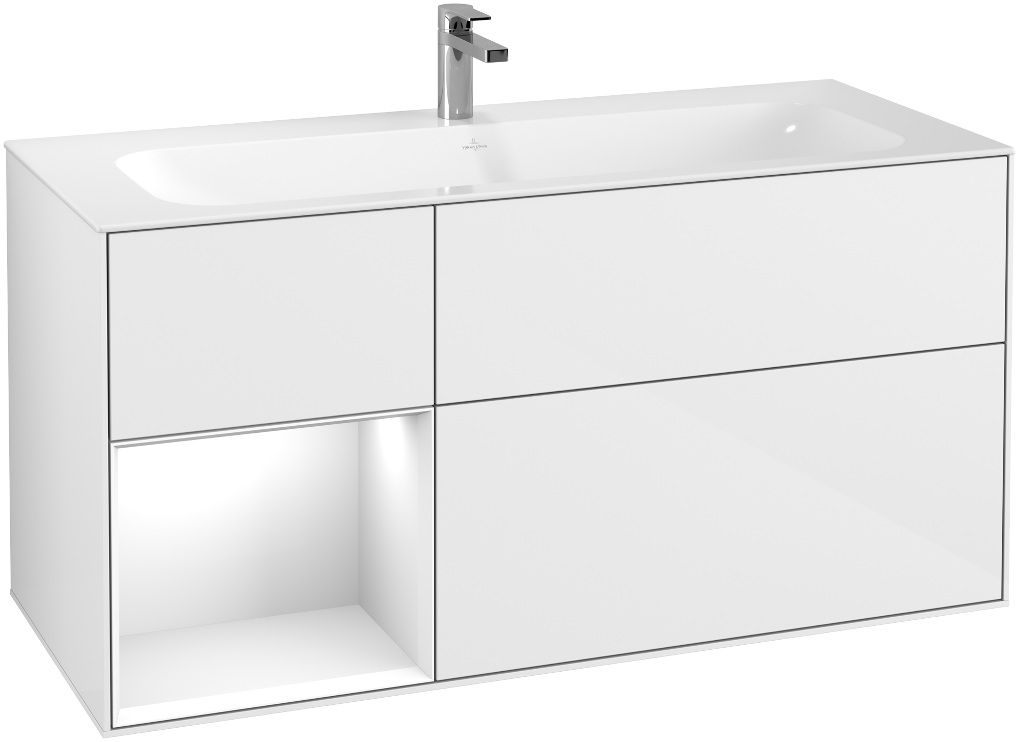 Villeroy & Boch Finion Waschbeckenunterschrank, mit Beleuchtung, 3 Auszüge, 1196x591x498mm, Korpus: Glossy White Lacquer, Front: Glossy White Lacquer, Regalelement: Glossy White Lacquer