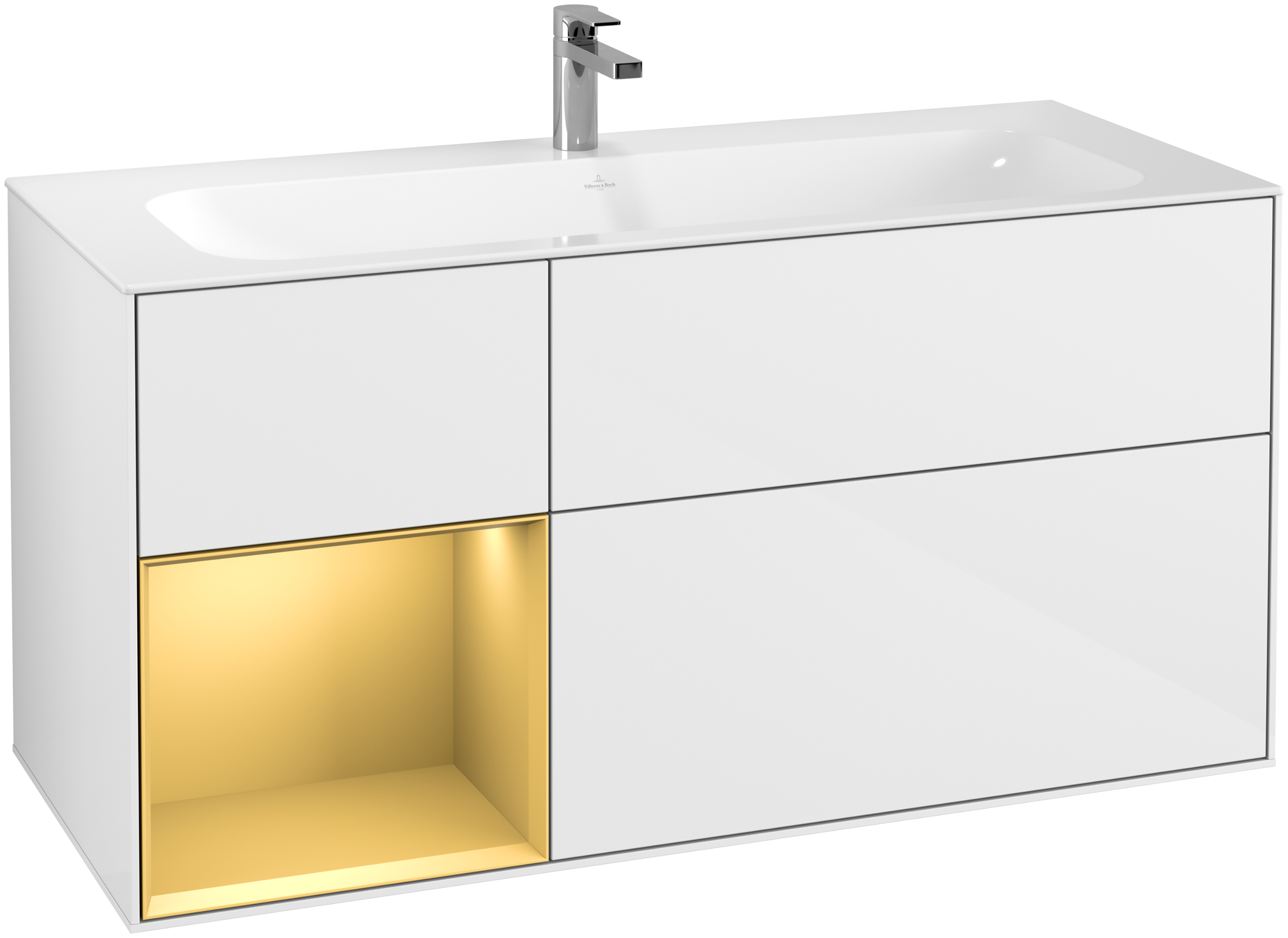 Villeroy & Boch Finion Waschbeckenunterschrank, mit Beleuchtung, 3 Auszüge, 1196x591x498mm, Korpus: Glossy White Lacquer, Front: Glossy White Lacquer, Regalelement: Gold Matt Lacquer