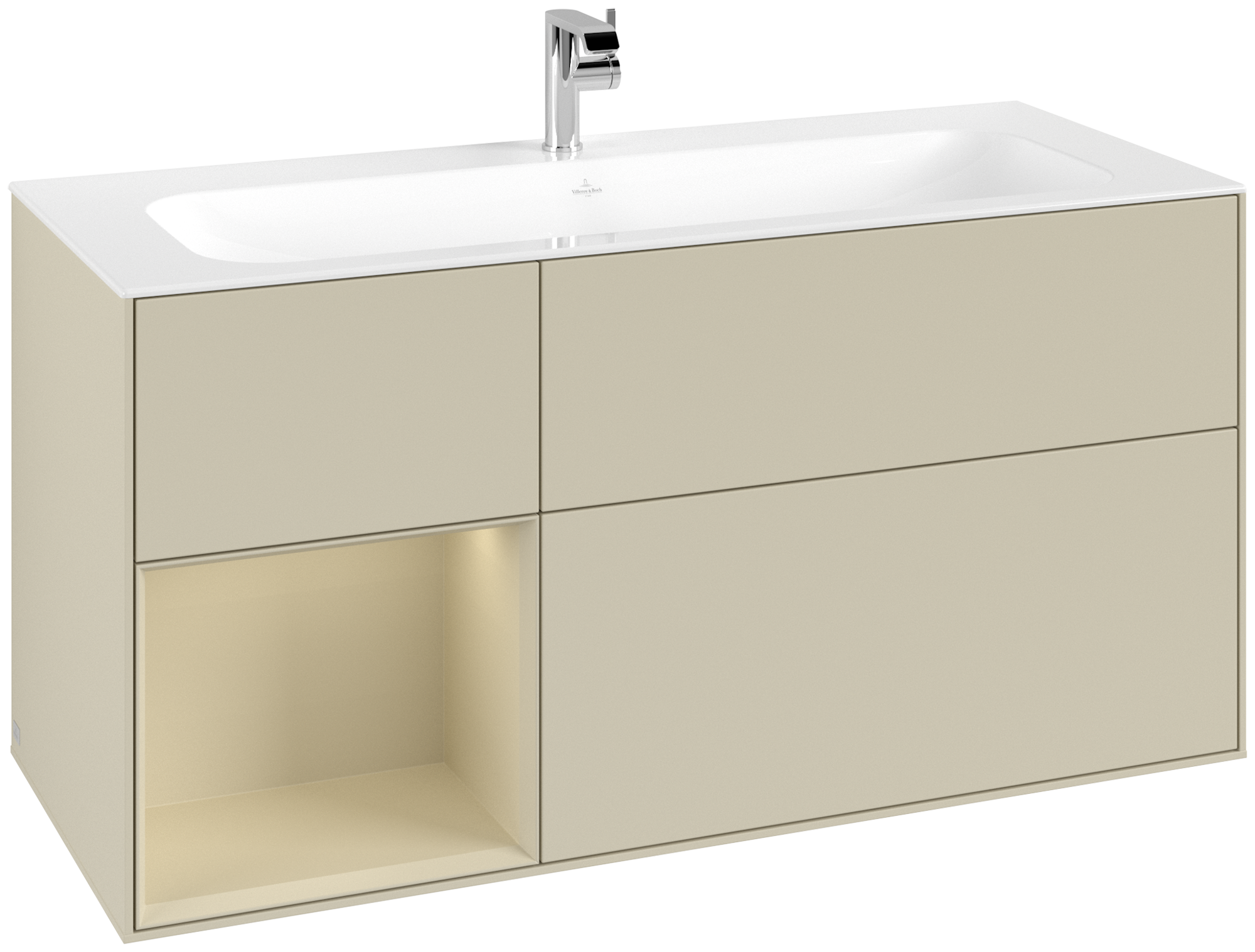 Villeroy & Boch Finion Meuble sous plan, avec éclairage, 3 tiroirs sur rails, 1196x591x498mm, Caisson: Silk Grey Matt Lacquer, Façade: Silk Grey Matt Lacquer, Élément d’étagère: Silk Grey Matt Lacquer