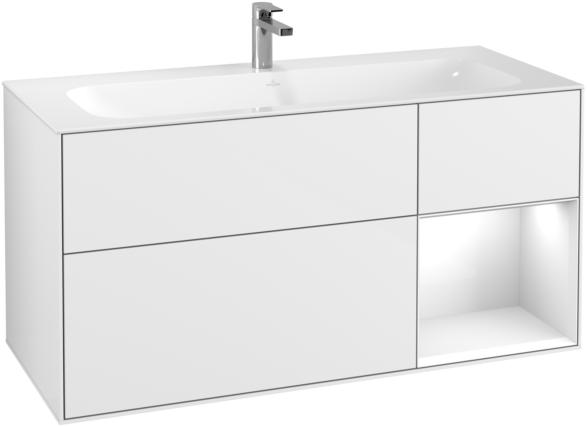 Villeroy & Boch Finion Waschbeckenunterschrank, mit Beleuchtung, 3 Auszüge, 1196x591x498mm, Korpus: Glossy White Lacquer, Front: Glossy White Lacquer, Regalelement: Glossy White Lacquer