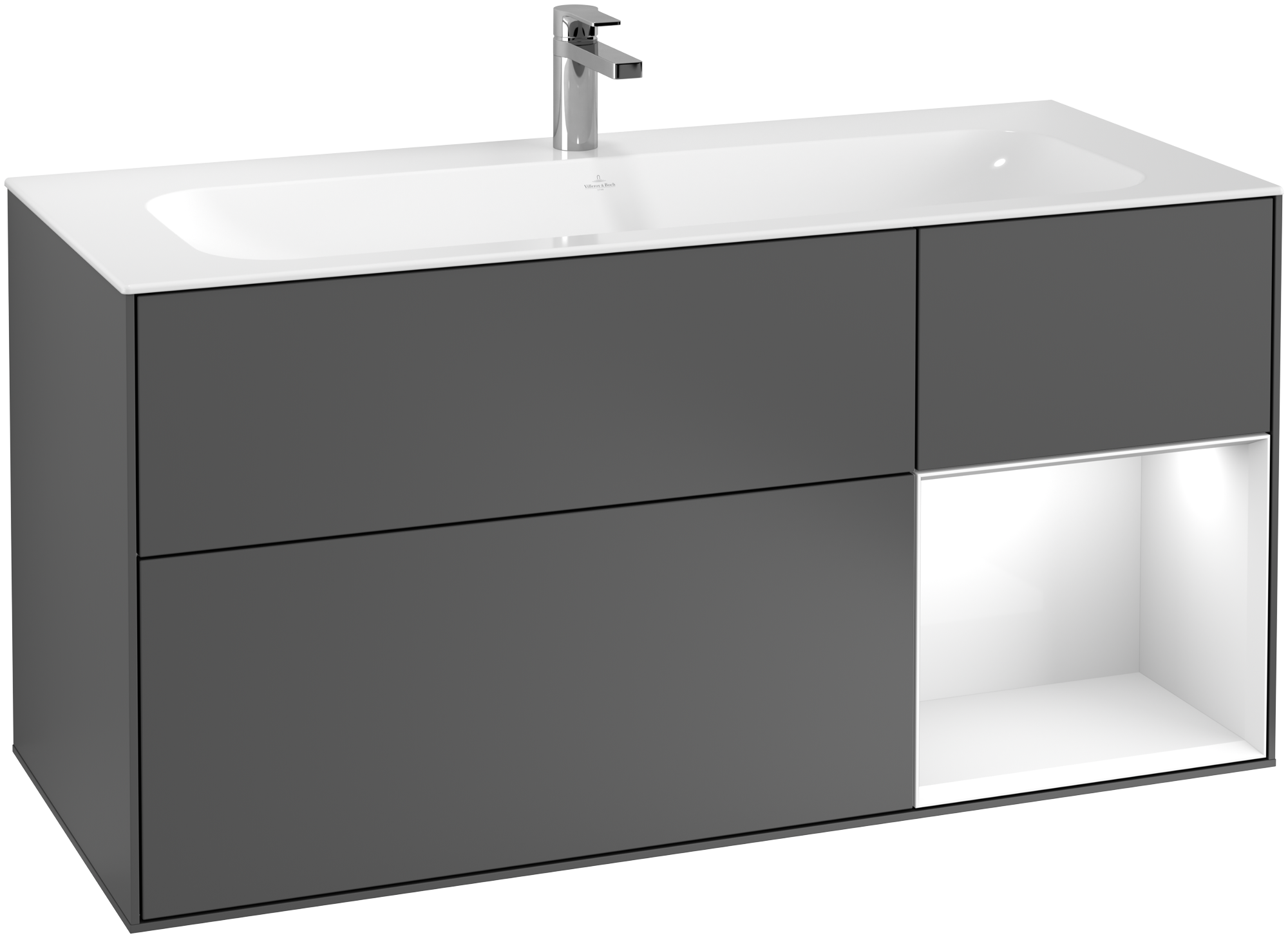 Villeroy & Boch Finion Vanity unit, with lighting, 3 pull-out compartments, 1196x591x498mm, Body: Anthracite Matt Lacquer, Front: Anthracite Matt Lacquer, Shelf: Glossy White Lacquer