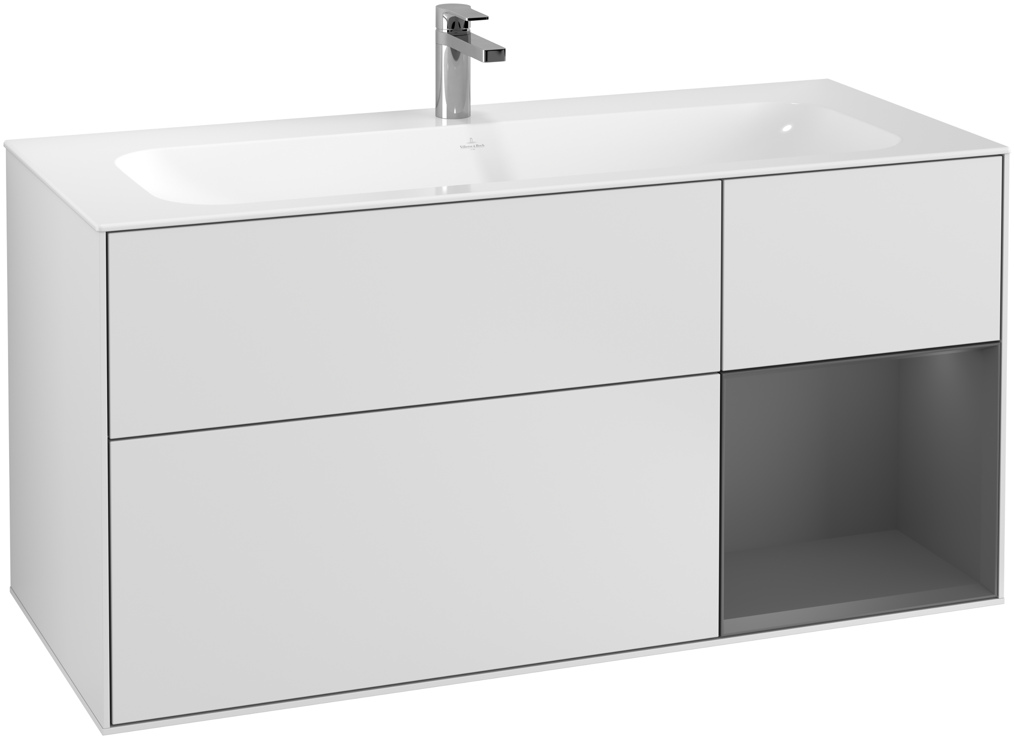Villeroy & Boch Finion Meuble sous plan, avec éclairage, 3 tiroirs sur rails, 1196x591x498mm, Caisson: White Matt Lacquer, Façade: White Matt Lacquer, Élément d’étagère: Anthracite Matt Lacquer