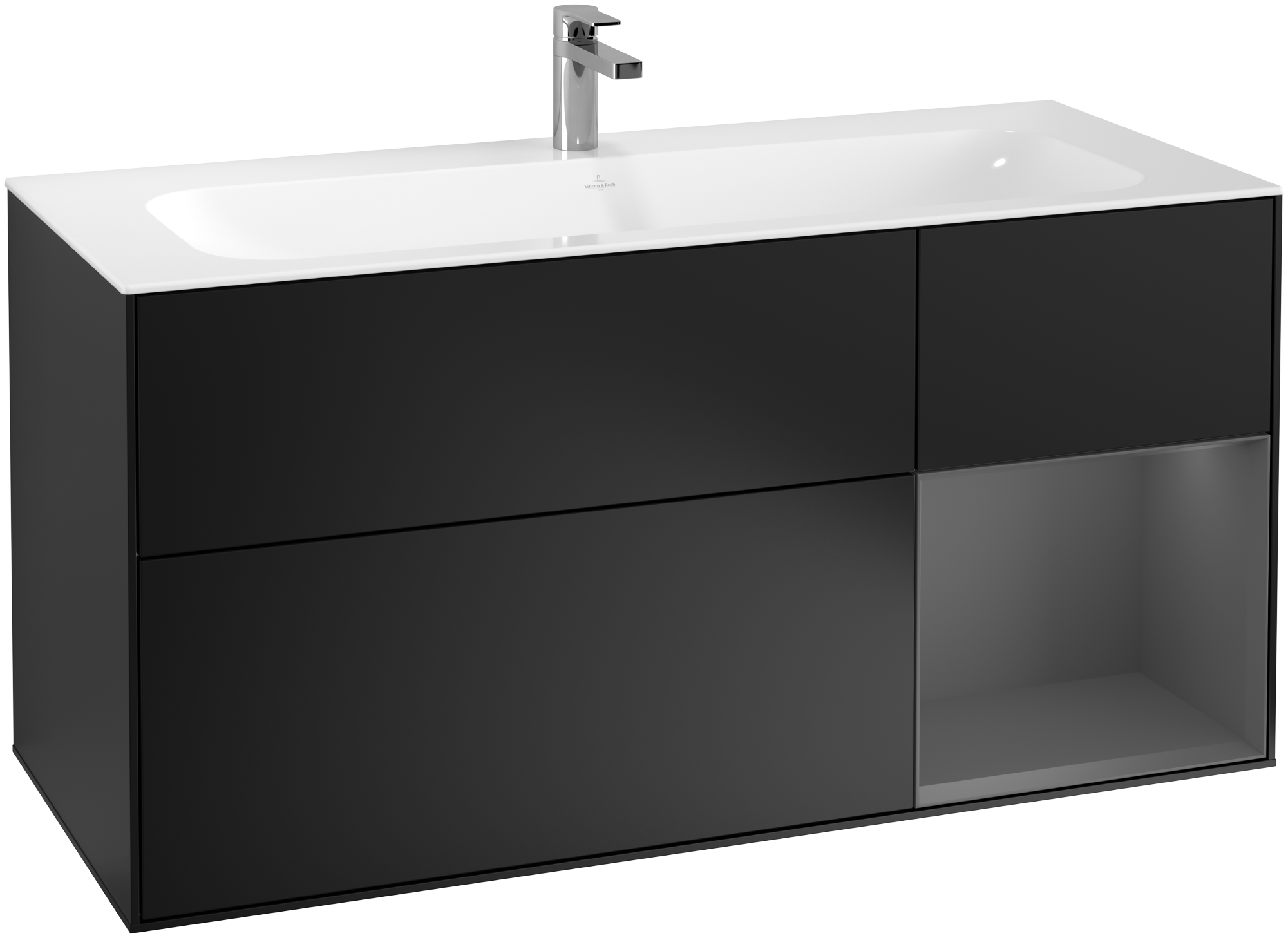 Villeroy & Boch Finion Meuble sous plan, avec éclairage, 3 tiroirs sur rails, 1196x591x498mm, Caisson: Black Matt Lacquer, Façade: Black Matt Lacquer, Élément d’étagère: Anthracite Matt Lacquer