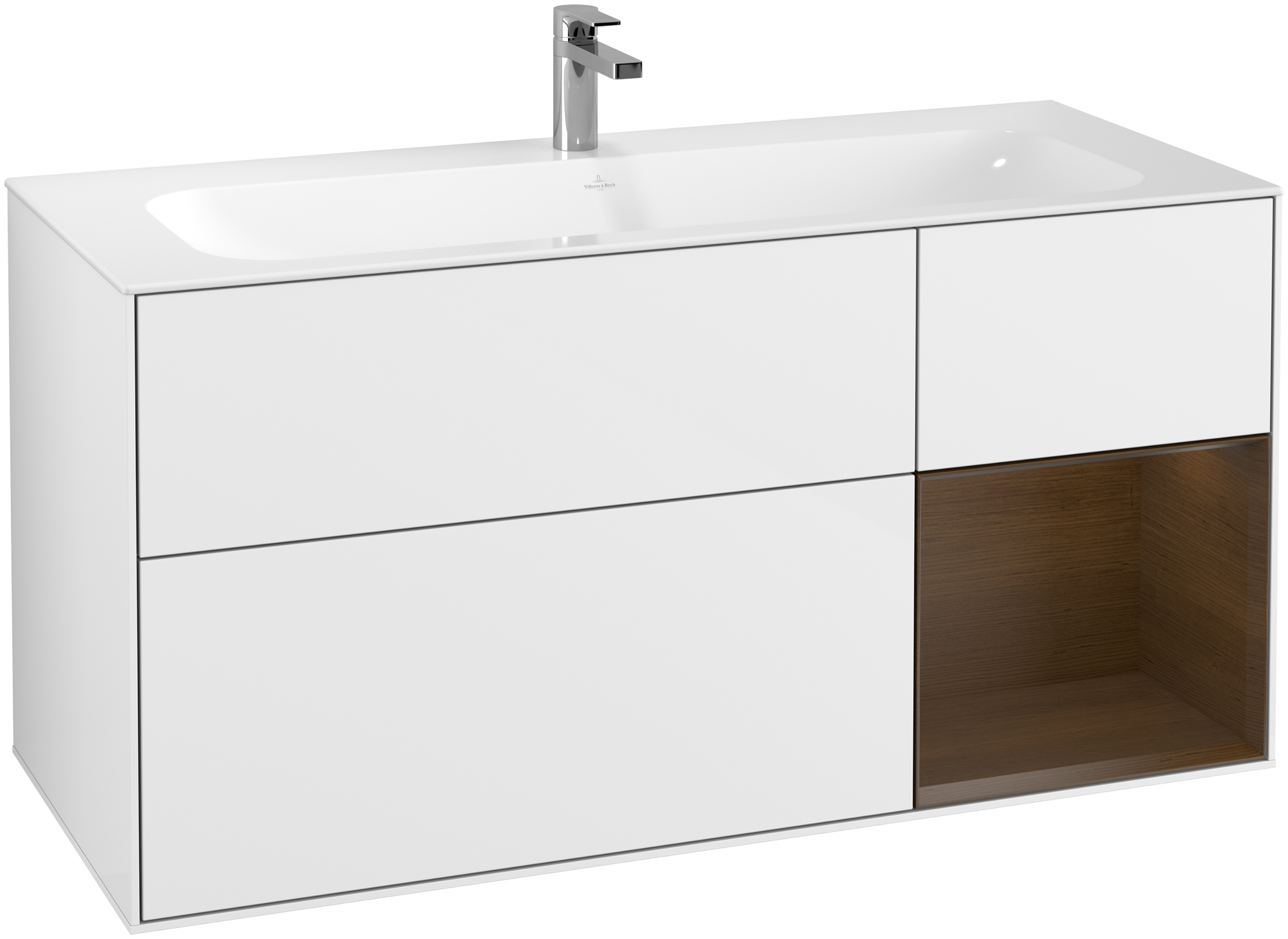 Villeroy & Boch Finion Meuble sous plan, avec éclairage, 3 tiroirs sur rails, 1196x591x498mm, Caisson: Glossy White Lacquer, Façade: Glossy White Lacquer, Élément d’étagère: Walnut Veneer