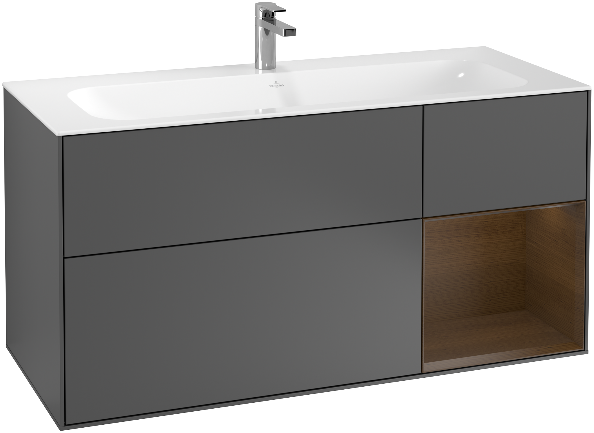 Villeroy & Boch Finion Meuble sous plan, avec éclairage, 3 tiroirs sur rails, 1196x591x498mm, Caisson: Anthracite Matt Lacquer, Façade: Anthracite Matt Lacquer, Élément d’étagère: Walnut Veneer