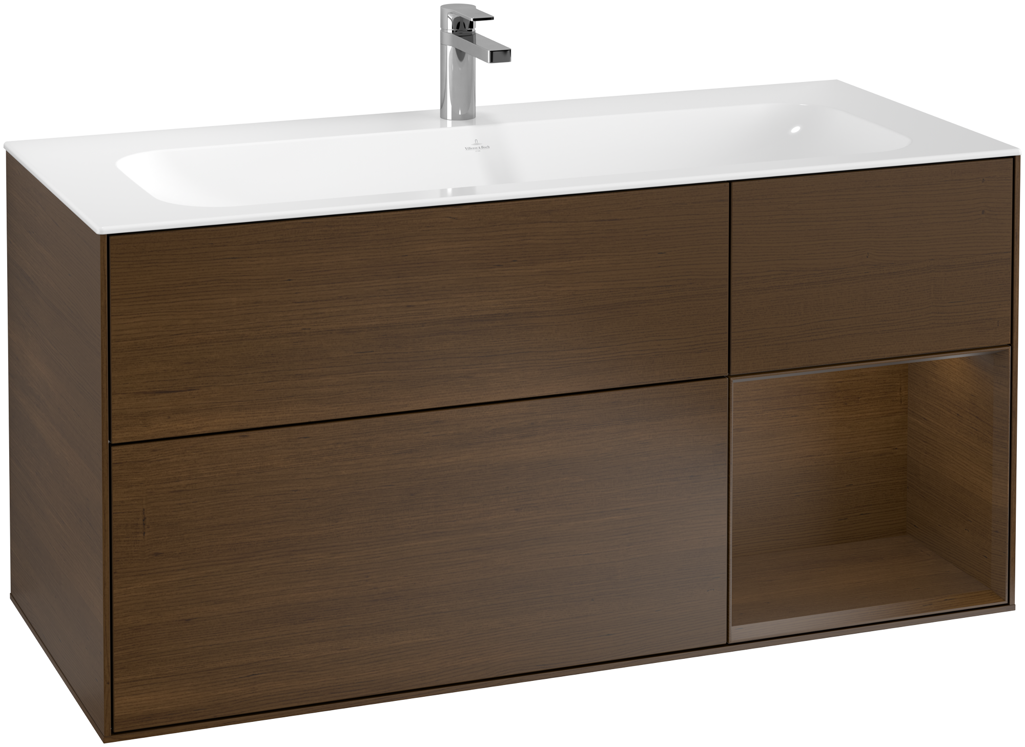 Villeroy & Boch Finion Meuble sous plan, avec éclairage, 3 tiroirs sur rails, 1196x591x498mm, Caisson: Walnut Veneer, Façade: Walnut Veneer, Élément d’étagère: Walnut Veneer