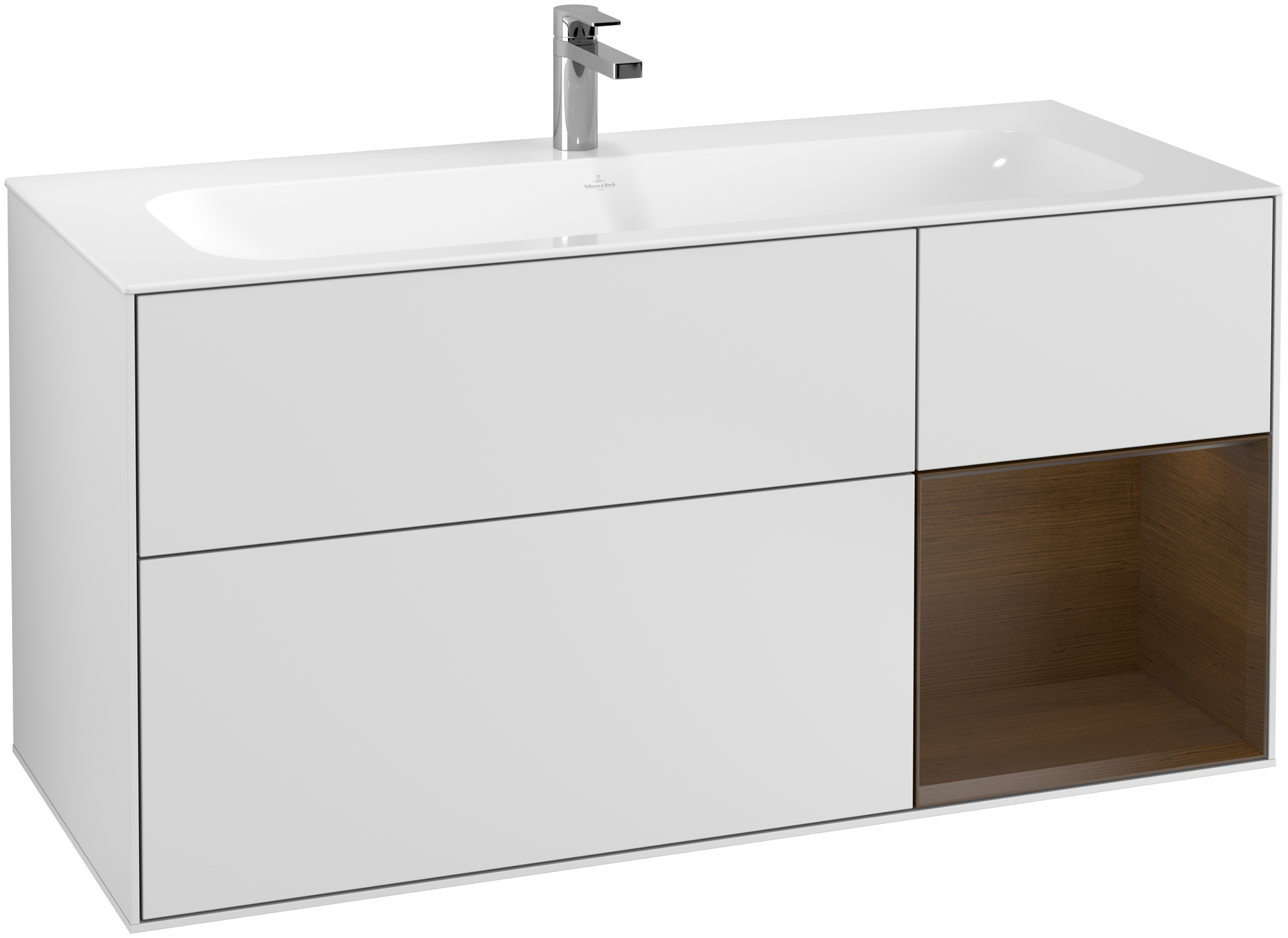 Villeroy & Boch Finion Meuble sous plan, avec éclairage, 3 tiroirs sur rails, 1196x591x498mm, Caisson: White Matt Lacquer, Façade: White Matt Lacquer, Élément d’étagère: Walnut Veneer