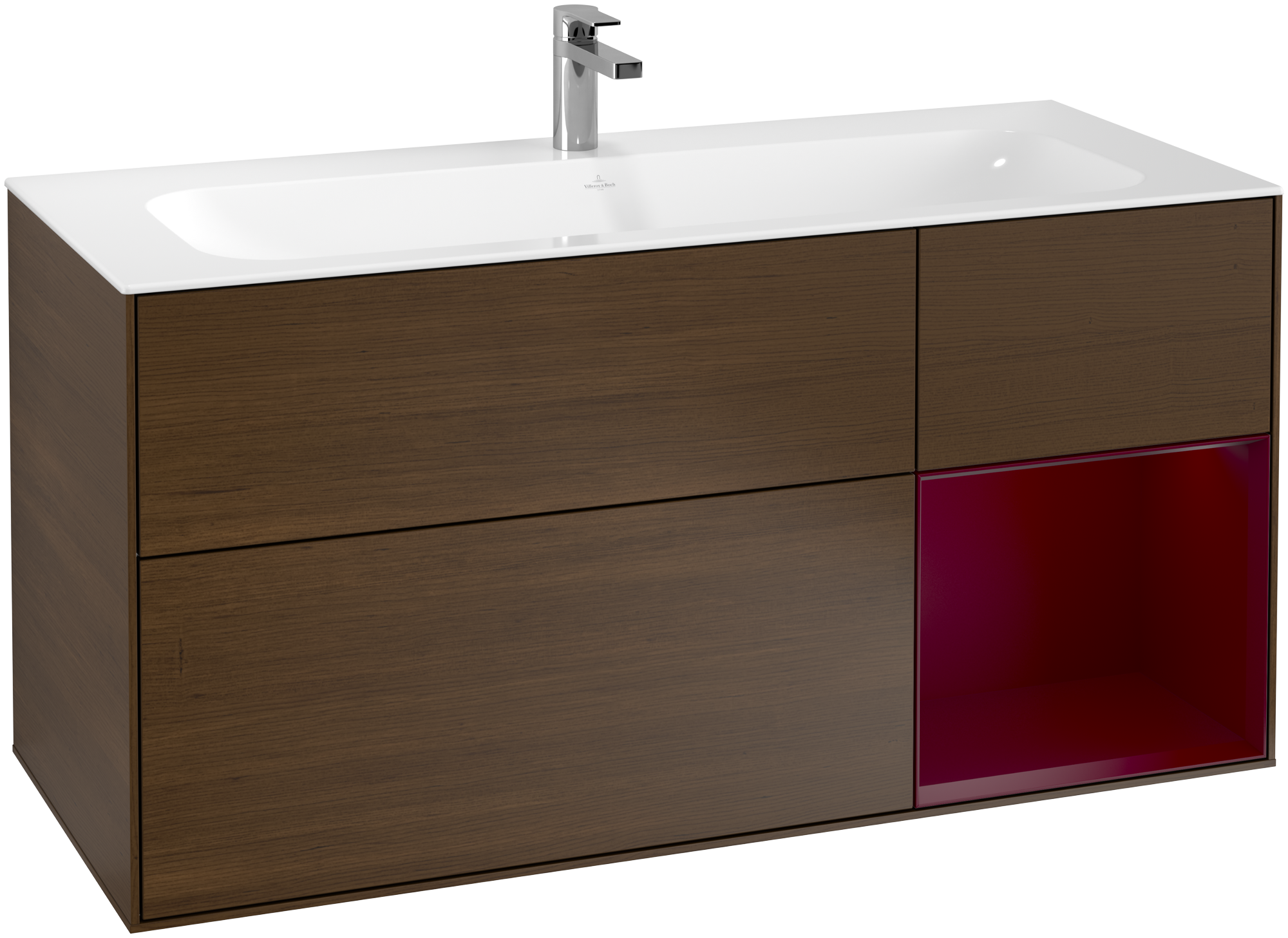 Villeroy & Boch Finion Vanity unit, with lighting, 3 pull-out compartments, 1196x591x498mm, Body: Walnut Veneer, Front: Walnut Veneer, Shelf: Peony Matt Lacquer