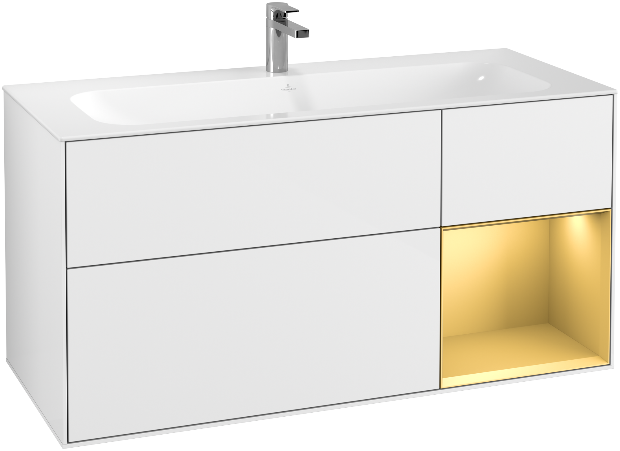 Villeroy & Boch Finion Skab, med belysning, 3 udtræk, 1196x591x498mm, Korpus: Glossy White Lacquer, Front: Glossy White Lacquer, Reolelement: Gold Matt Lacquer