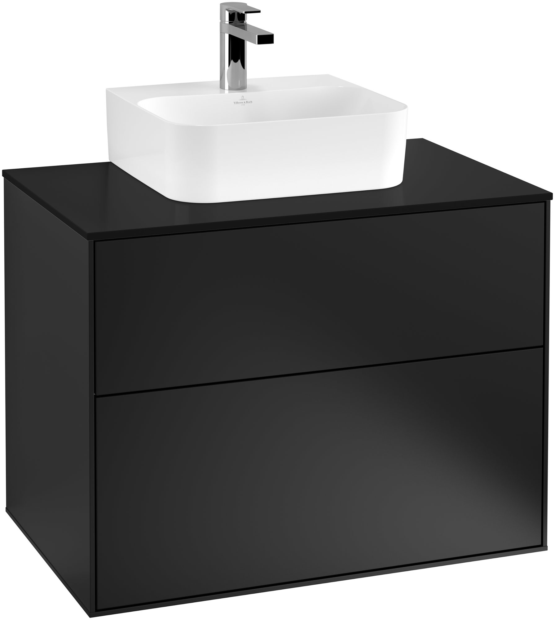 Villeroy & Boch Finion Waschbeckenunterschrank, 2 Auszüge, 800x603x501mm, Korpus: Black Matt Lacquer, Front: Black Matt Lacquer, Abdeckplatte: Glass Black Matt