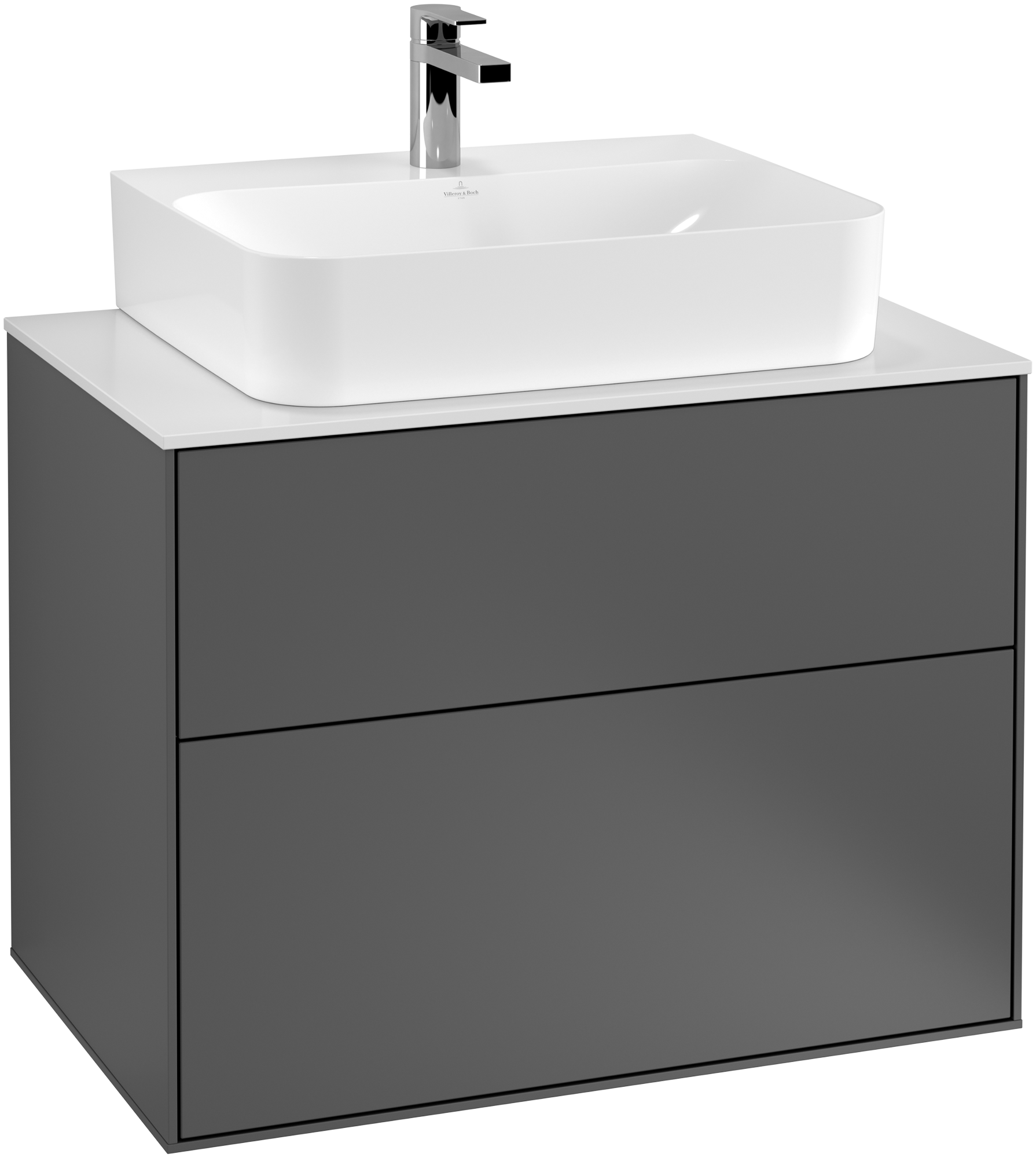 Villeroy & Boch Finion Waschbeckenunterschrank, mit Beleuchtung, 2 Auszüge, 800x603x501mm, Korpus: Anthracite Matt Lacquer, Front: Anthracite Matt Lacquer, Abdeckplatte: Glass White Matt