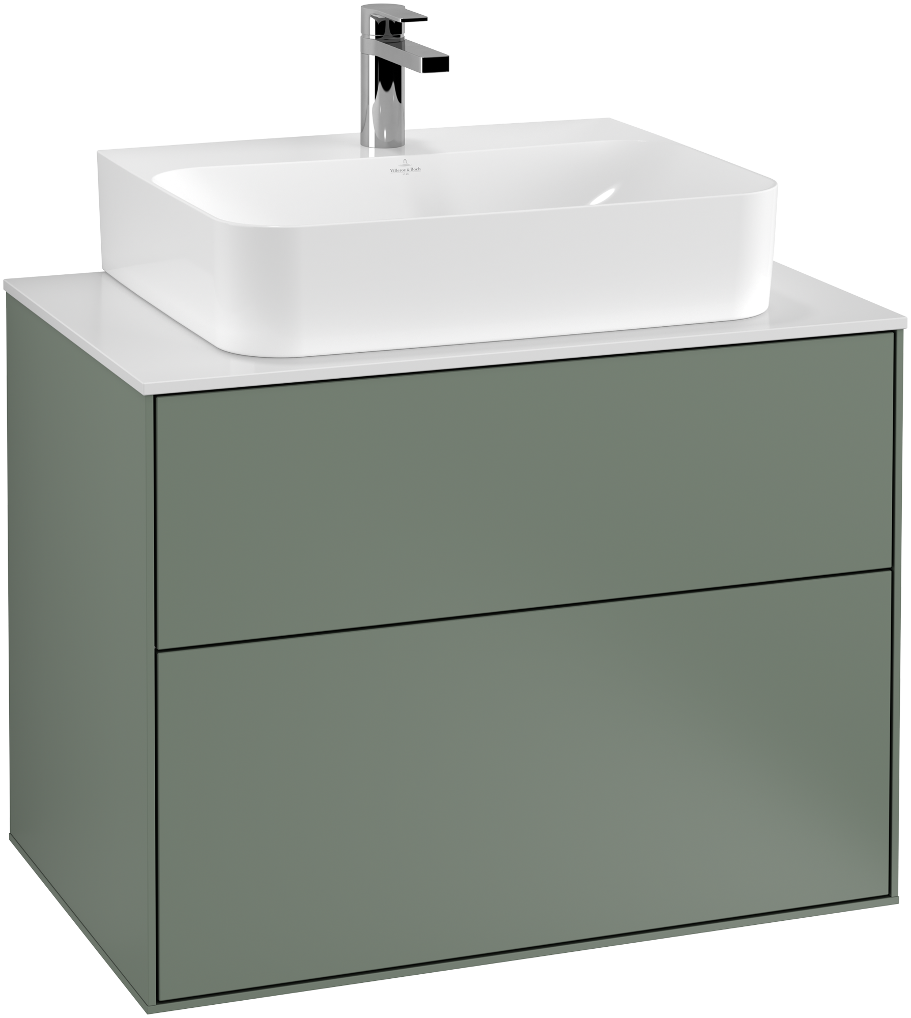 Villeroy & Boch Finion Skåp till tvättställ, 2 utdragbara fack, 800x603x501mm, Kropp: Olive Matt Lacquer, Framsida: Olive Matt Lacquer, Täckplatta: Glass White Matt