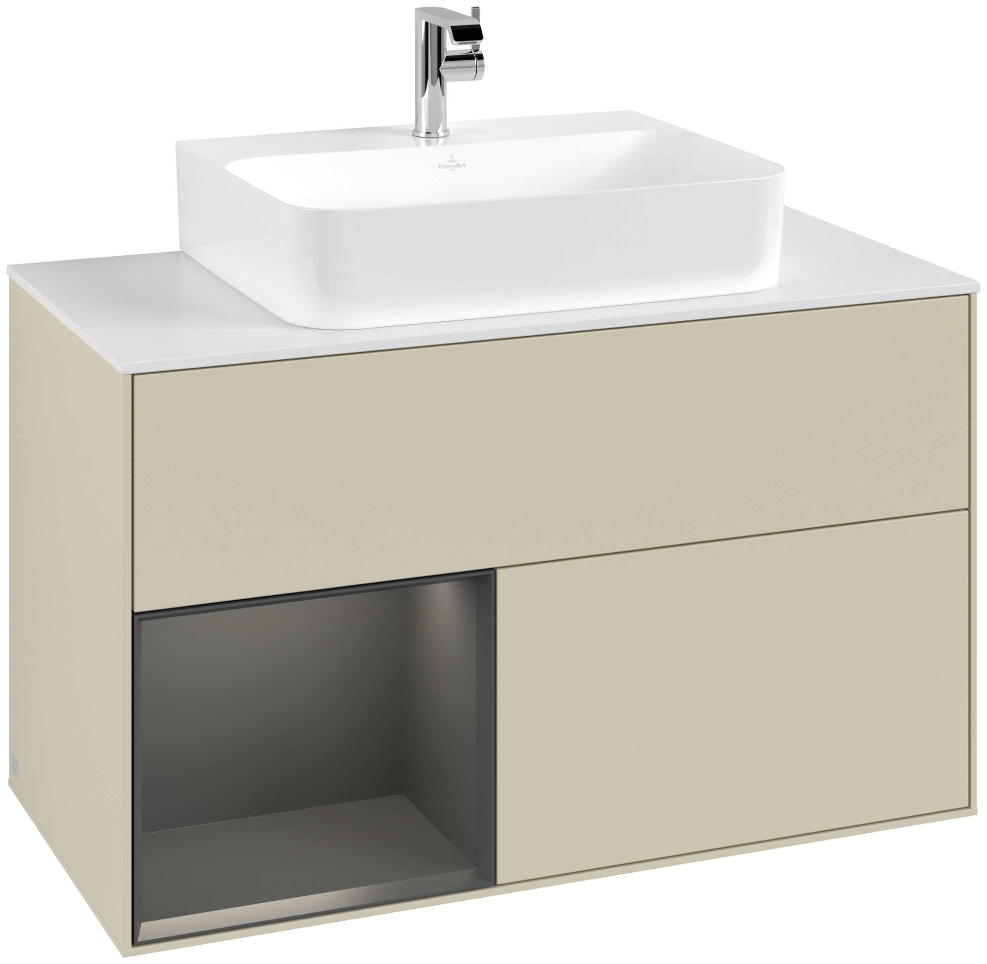 Villeroy & Boch Finion Vanity unit, with lighting, 2 pull-out compartments, 1000x603x501mm, Body: Silk Grey Matt Lacquer, Front: Silk Grey Matt Lacquer, Shelf: Walnut Veneer, Cover plate: Glass White Matt