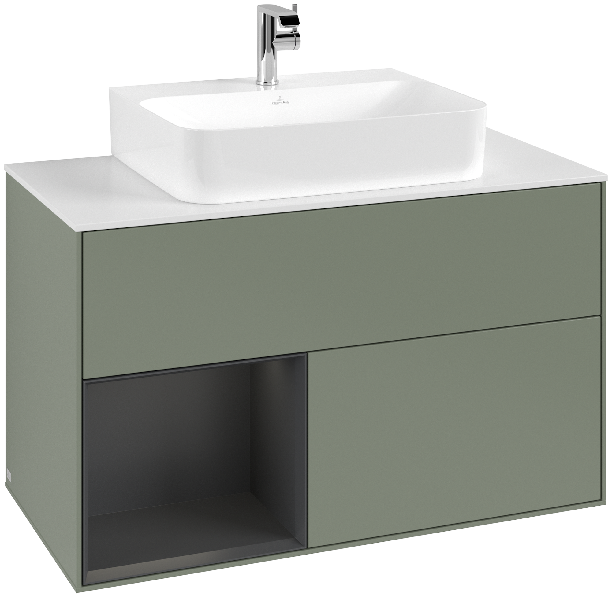 Villeroy & Boch Finion Vanity unit, with lighting, 2 pull-out compartments, 1000x603x501mm, Body: Olive Matt Lacquer, Front: Olive Matt Lacquer, Shelf: Silk Grey Matt Lacquer, Cover plate: Glass White Matt