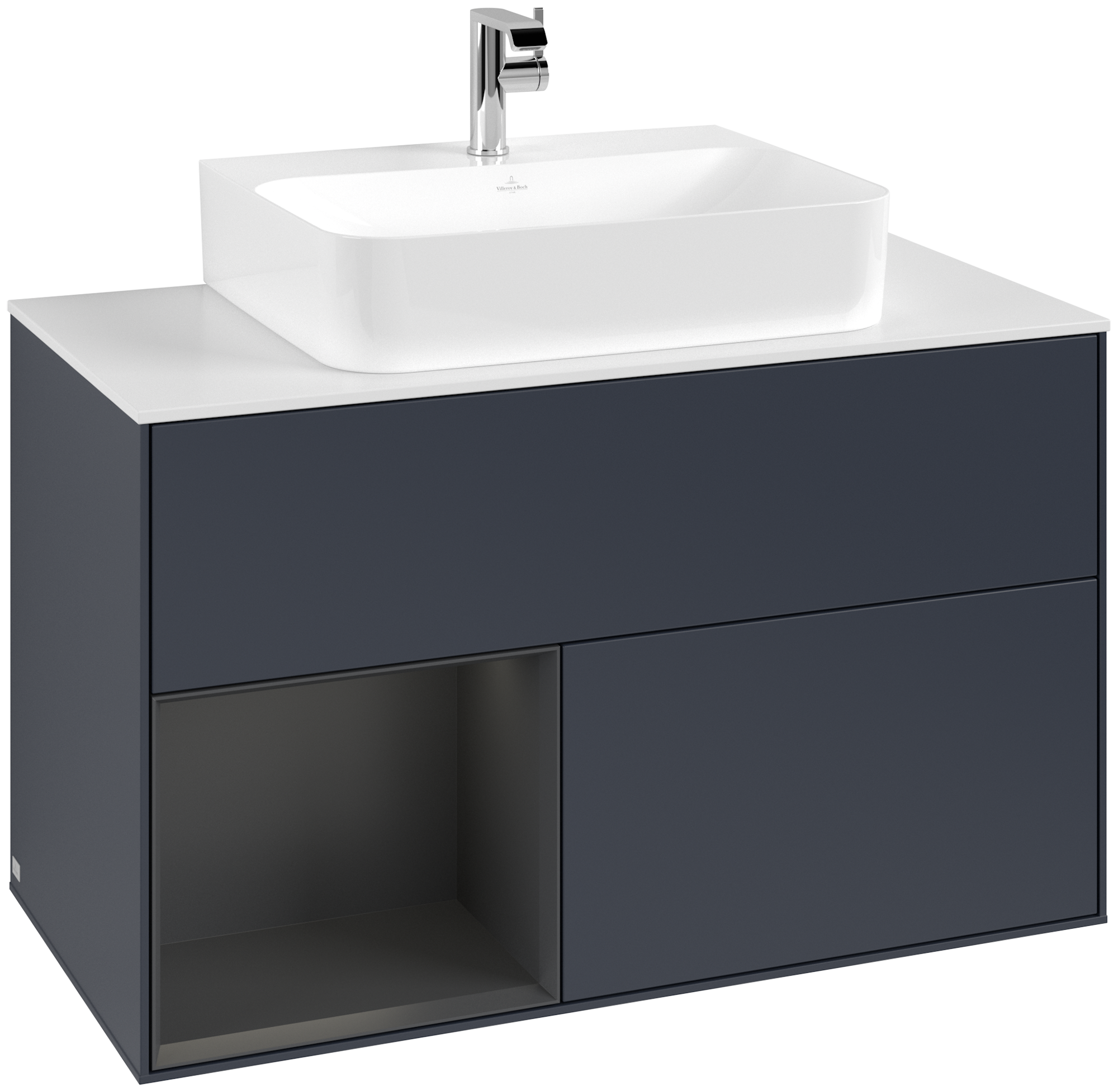 Villeroy & Boch Finion Vanity unit, with lighting, 2 pull-out compartments, 1000x603x501mm, Body: Midnight Blue Matt Lacquer, Front: Midnight Blue Matt Lacquer, Shelf: Silk Grey Matt Lacquer, Cover plate: Glass White Matt