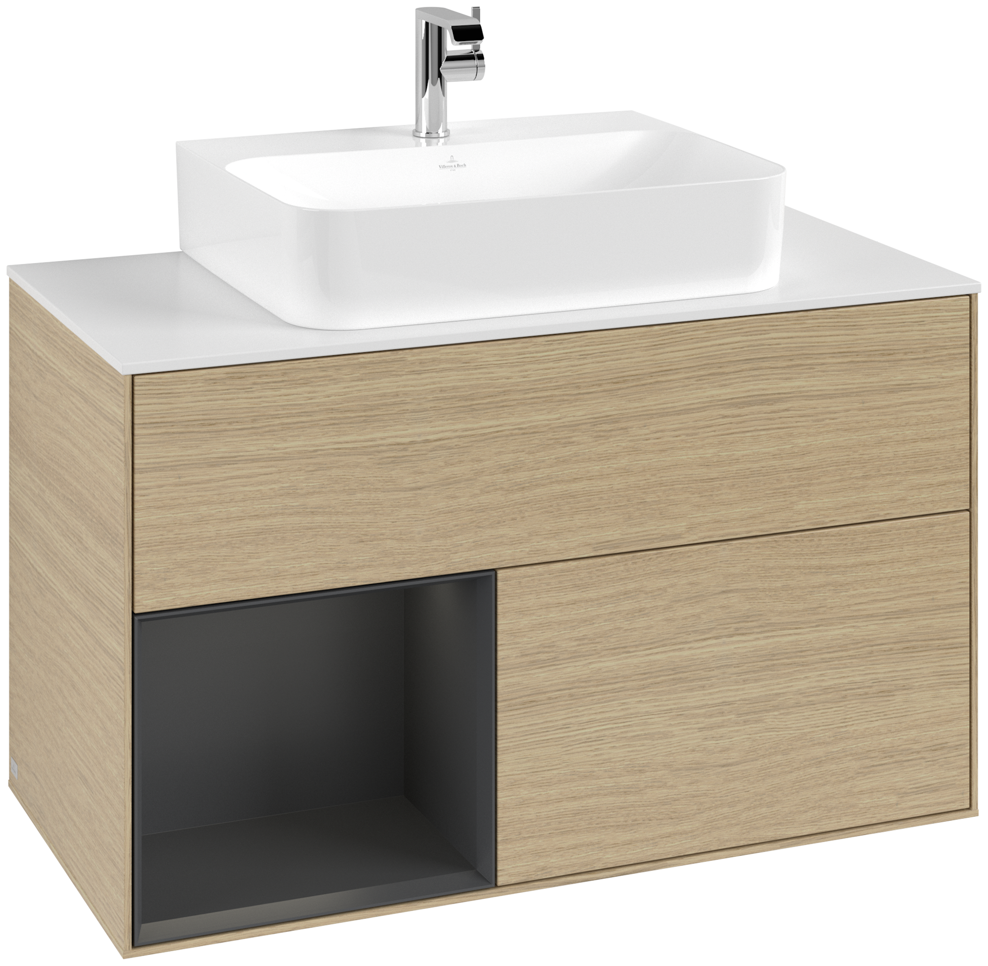 Villeroy & Boch Finion Vanity unit, with lighting, 2 pull-out compartments, 1000x603x501mm, Body: Oak Veneer, Front: Oak Veneer, Shelf: Silk Grey Matt Lacquer, Cover plate: Glass White Matt