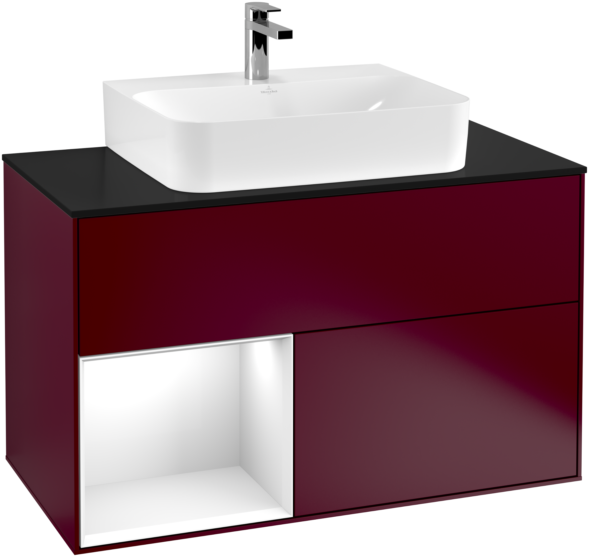 Villeroy & Boch Finion Vanity unit, with lighting, 2 pull-out compartments, 1000x603x501mm, Body: Peony Matt Lacquer, Front: Peony Matt Lacquer, Shelf: Glossy White Lacquer, Cover plate: Glass Black Matt