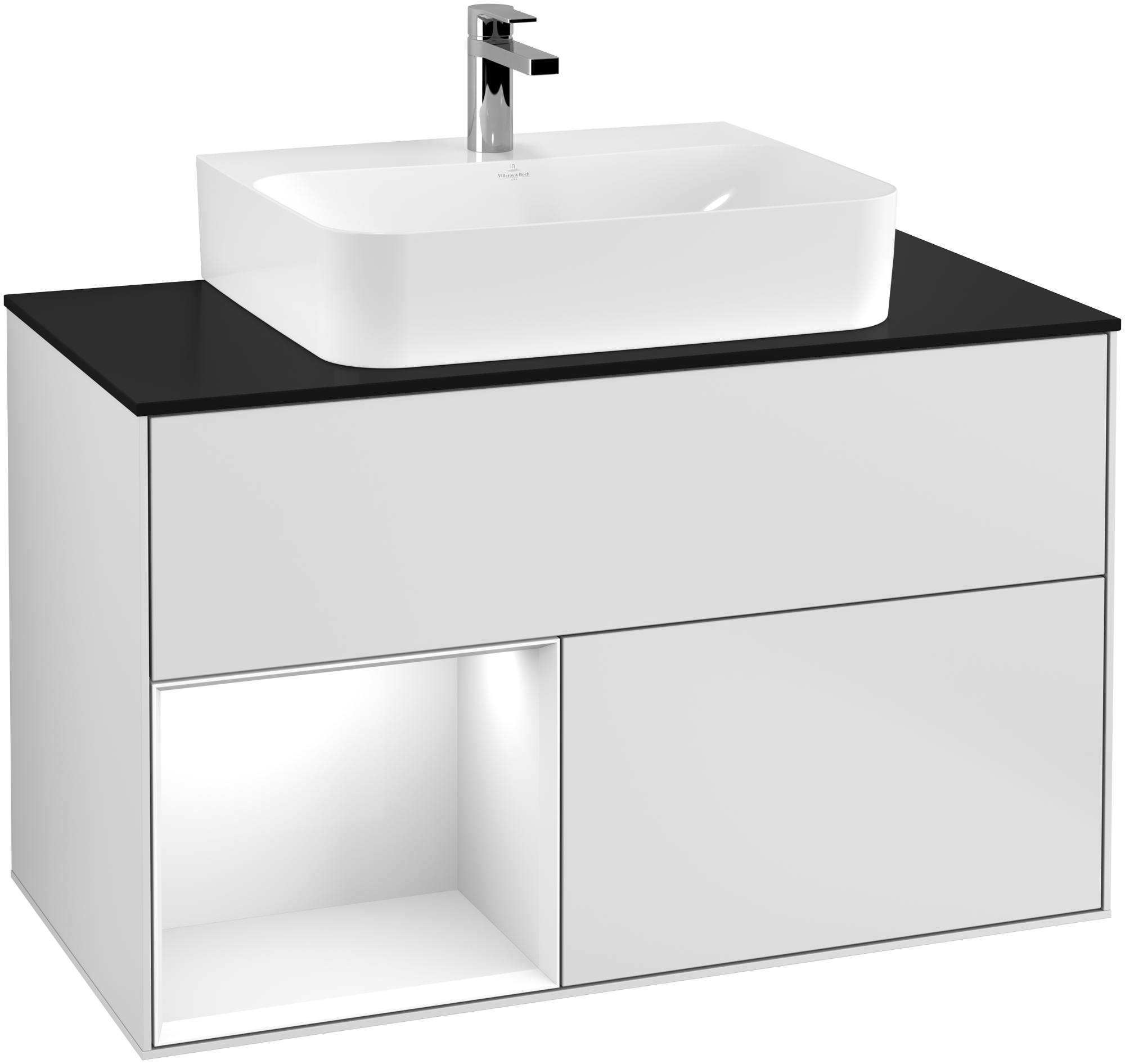 Villeroy & Boch Finion Vanity unit, with lighting, 2 pull-out compartments, 1000x603x501mm, Body: White Matt Lacquer, Front: White Matt Lacquer, Shelf: Glossy White Lacquer, Cover plate: Glass Black Matt