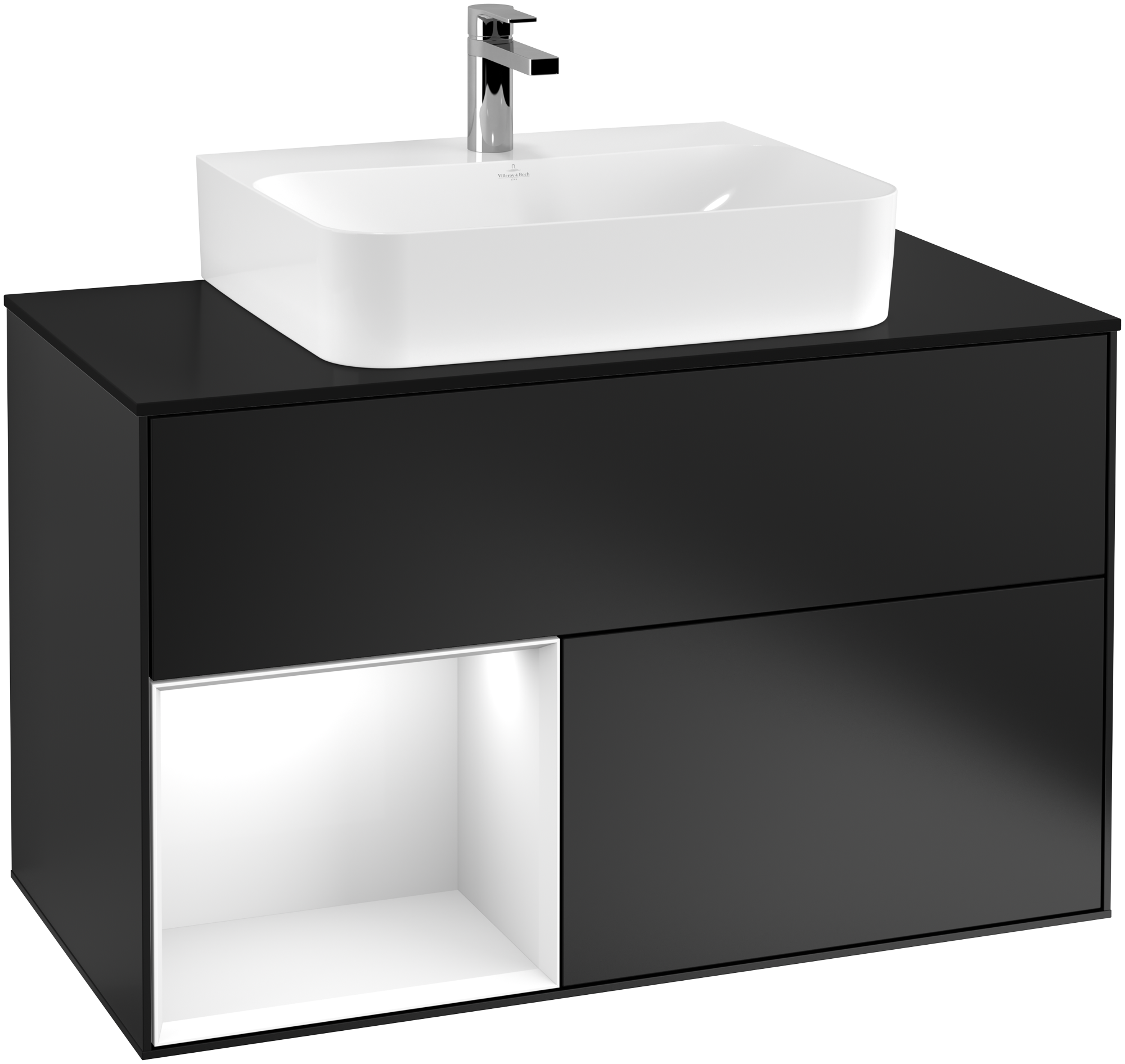 Villeroy & Boch Finion Vanity unit, with lighting, 2 pull-out compartments, 1000x603x501mm, Body: Black Matt Lacquer, Front: Black Matt Lacquer, Shelf: Glossy White Lacquer, Cover plate: Glass Black Matt