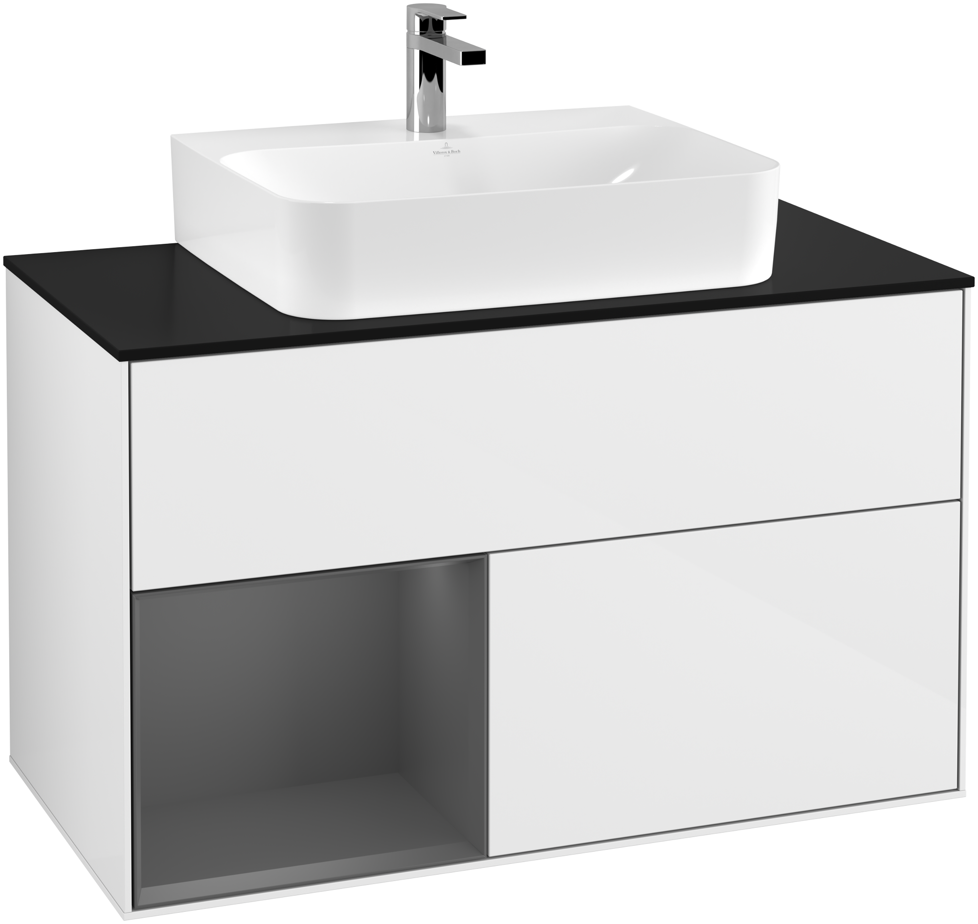 Villeroy & Boch Finion Vanity unit, with lighting, 2 pull-out compartments, 1000x603x501mm, Body: Glossy White Lacquer, Front: Glossy White Lacquer, Shelf: Anthracite Matt Lacquer, Cover plate: Glass Black Matt