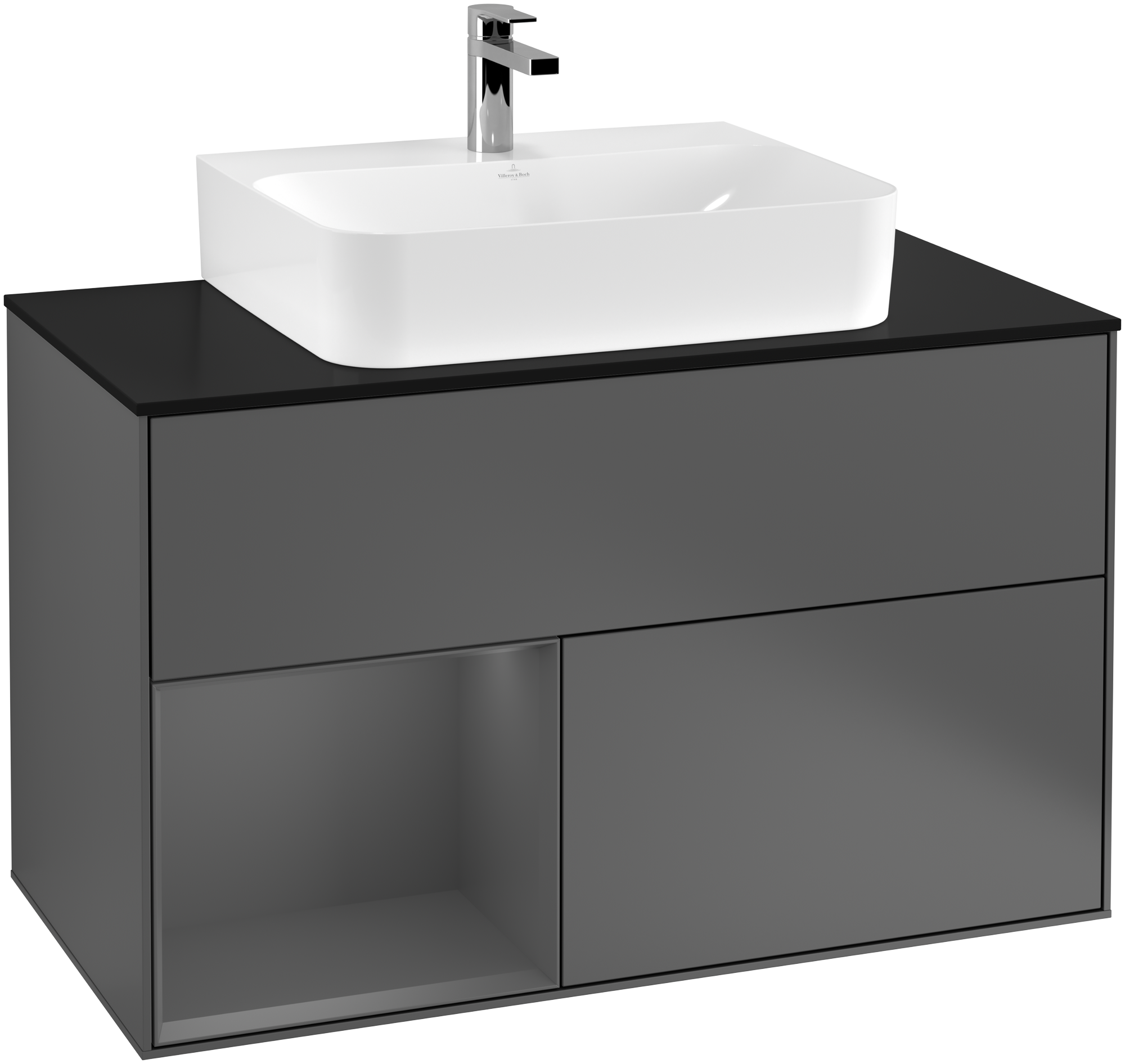 Villeroy & Boch Finion Vanity unit, with lighting, 2 pull-out compartments, 1000x603x501mm, Body: Anthracite Matt Lacquer, Front: Anthracite Matt Lacquer, Shelf: Anthracite Matt Lacquer, Cover plate: Glass Black Matt