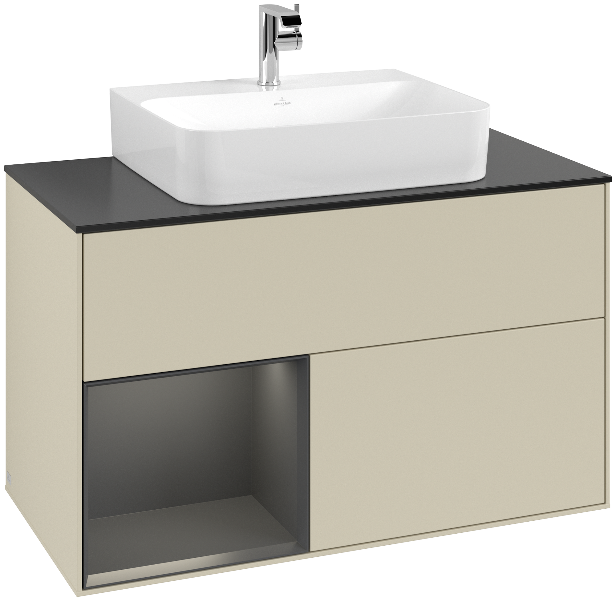 Villeroy & Boch Finion Vanity unit, with lighting, 2 pull-out compartments, 1000x603x501mm, Body: Silk Grey Matt Lacquer, Front: Silk Grey Matt Lacquer, Shelf: Anthracite Matt Lacquer, Cover plate: Glass Black Matt