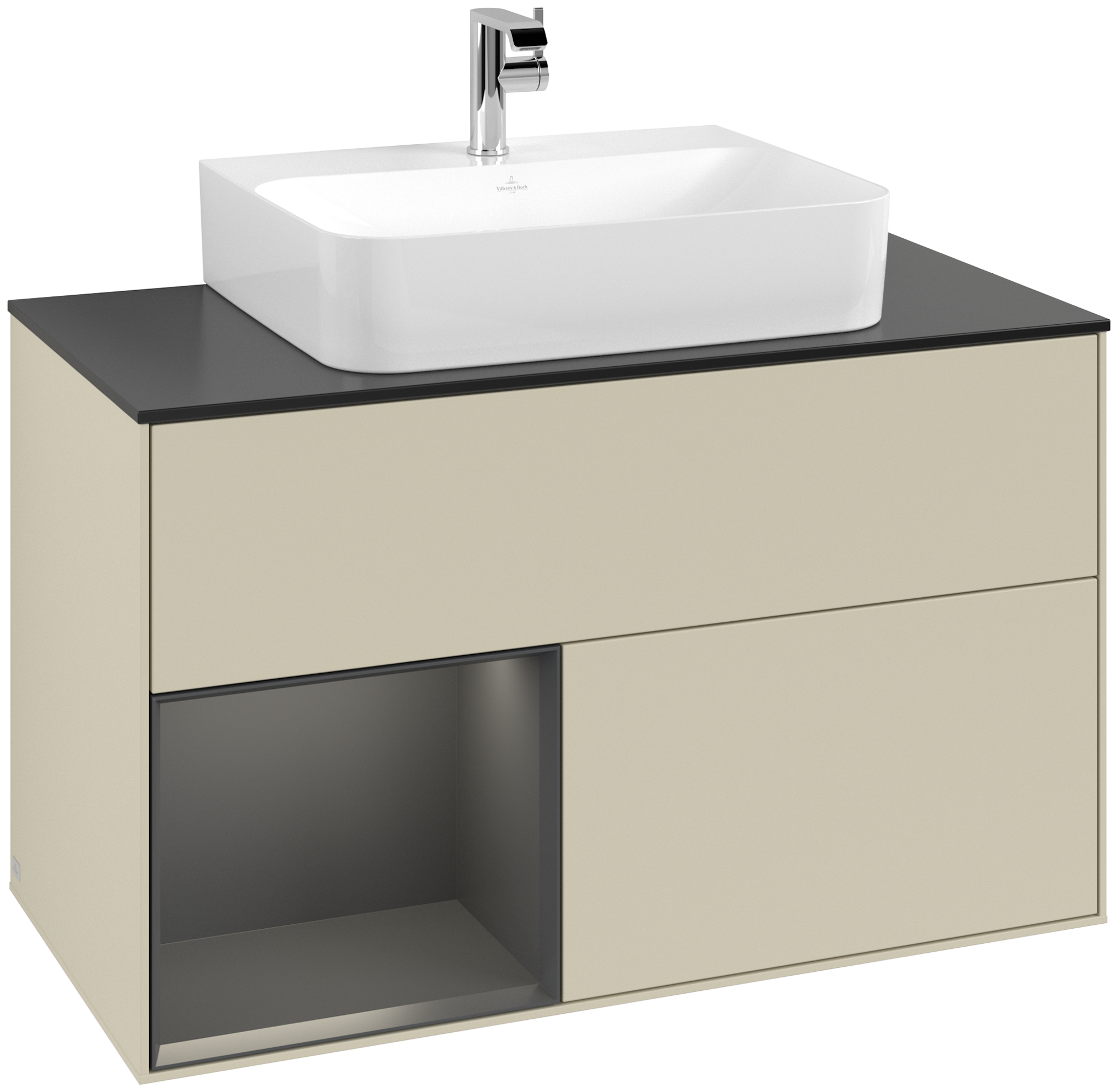 Villeroy & Boch Finion Vanity unit, with lighting, 2 pull-out compartments, 1000x603x501mm, Body: Silk Grey Matt Lacquer, Front: Silk Grey Matt Lacquer, Shelf: Walnut Veneer, Cover plate: Glass Black Matt