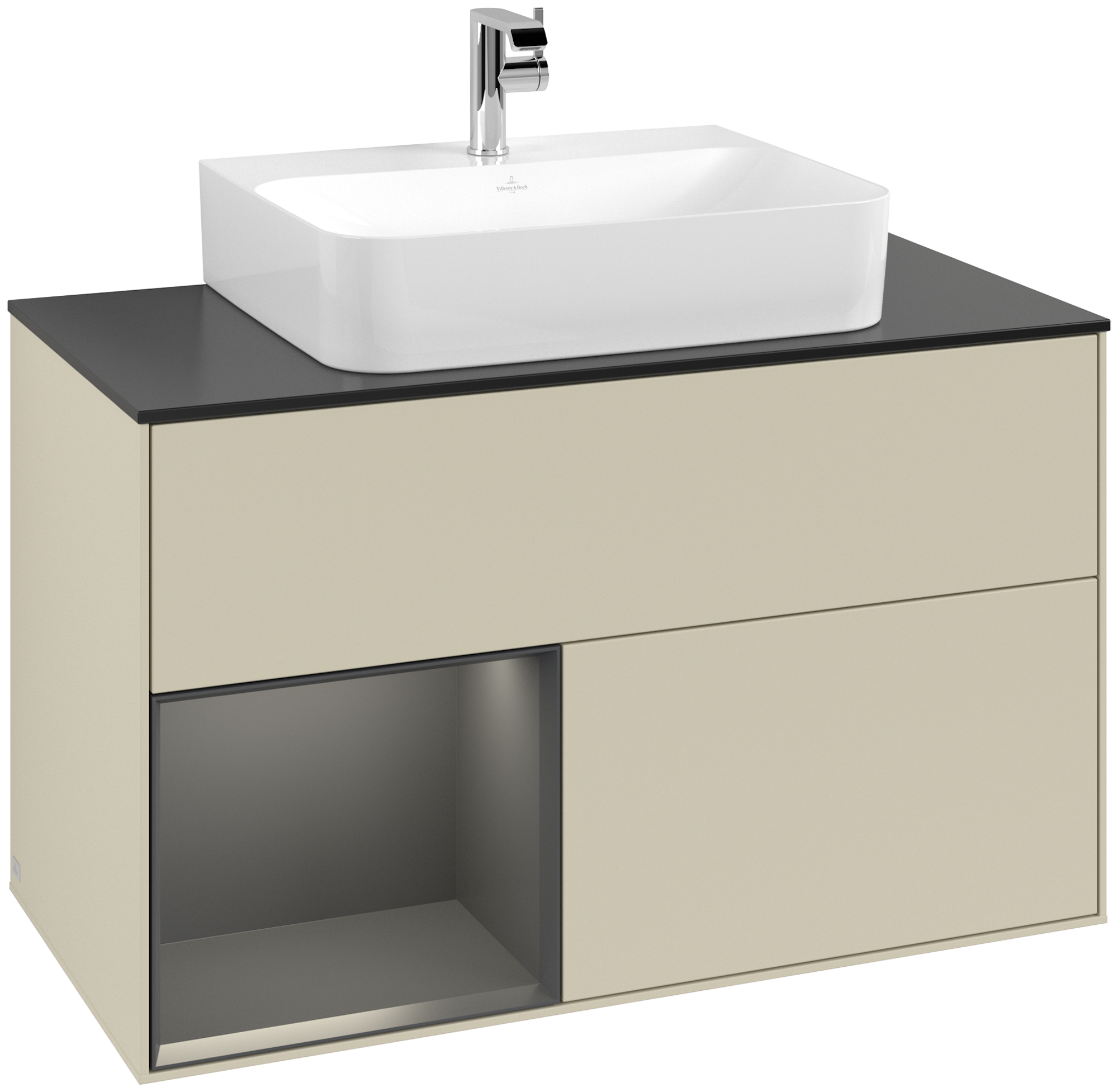 Villeroy & Boch Finion Vanity unit, with lighting, 2 pull-out compartments, 1000x603x501mm, Body: Silk Grey Matt Lacquer, Front: Silk Grey Matt Lacquer, Shelf: Peony Matt Lacquer, Cover plate: Glass Black Matt