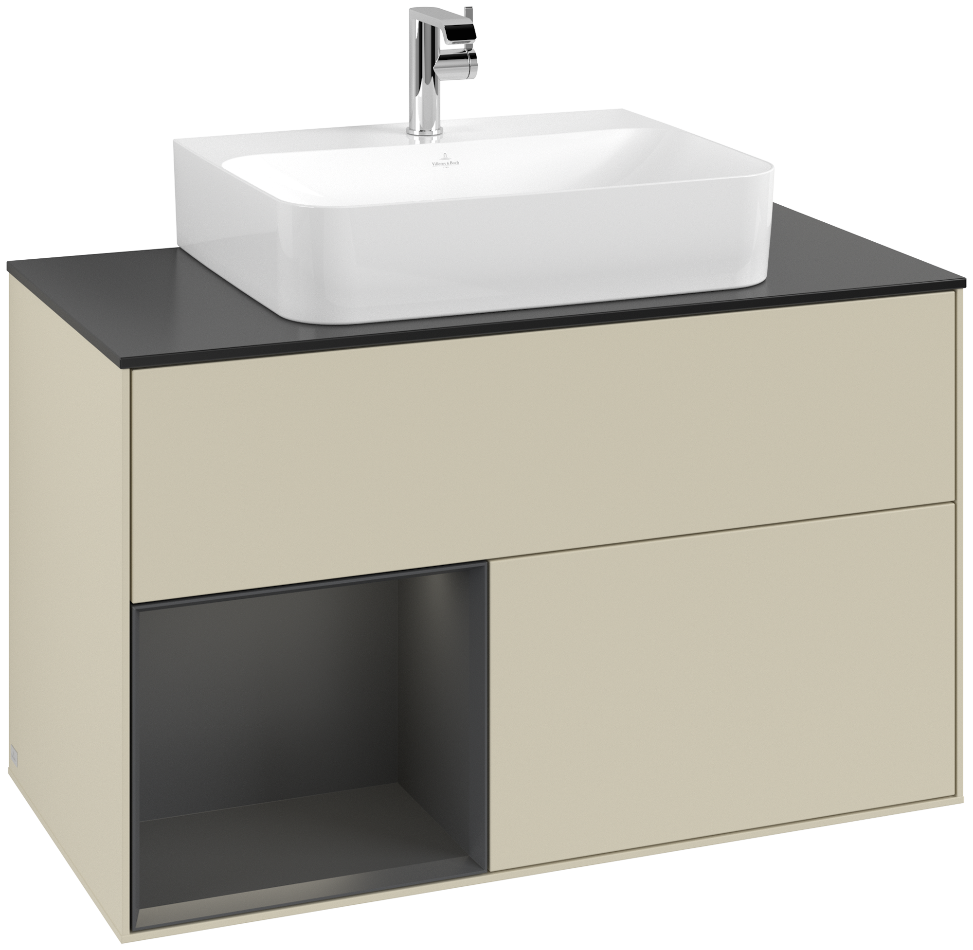 Villeroy & Boch Finion Vanity unit, with lighting, 2 pull-out compartments, 1000x603x501mm, Body: Silk Grey Matt Lacquer, Front: Silk Grey Matt Lacquer, Shelf: Gold Matt Lacquer, Cover plate: Glass Black Matt