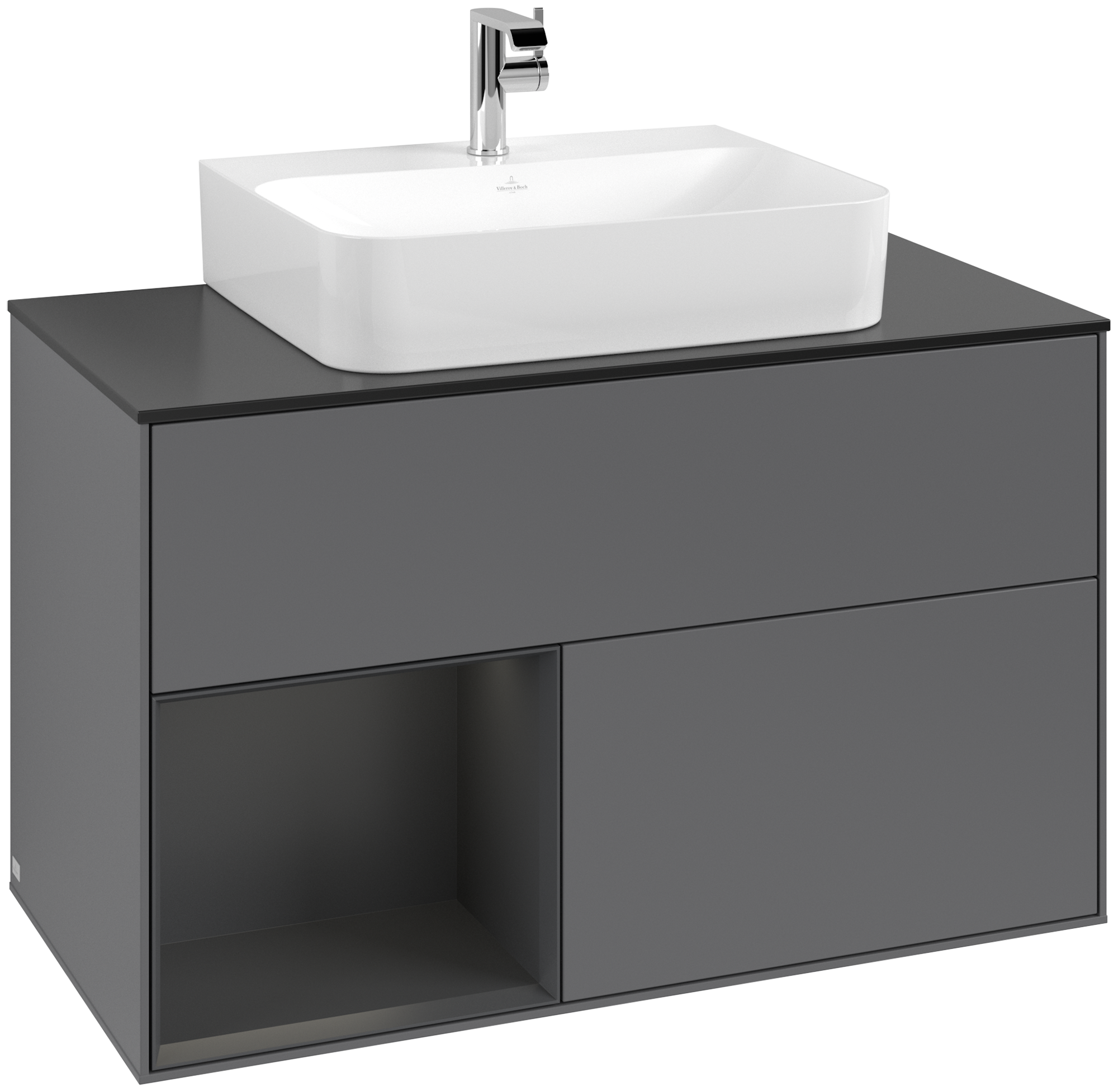 Villeroy & Boch Finion Vanity unit, with lighting, 2 pull-out compartments, 1000x603x501mm, Body: Anthracite Matt Lacquer, Front: Anthracite Matt Lacquer, Shelf: Silk Grey Matt Lacquer, Cover plate: Glass Black Matt
