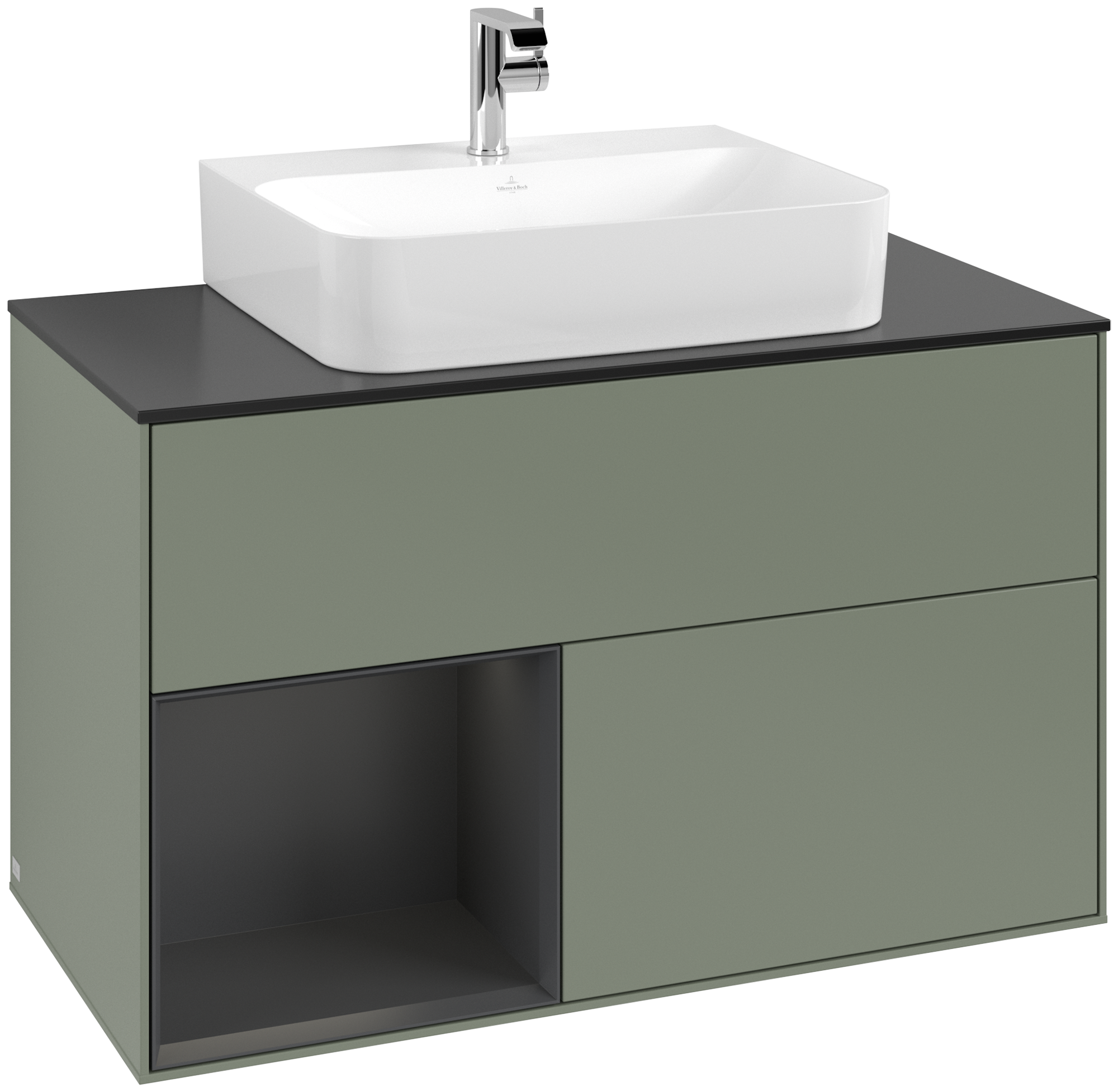 Villeroy & Boch Finion Vanity unit, with lighting, 2 pull-out compartments, 1000x603x501mm, Body: Olive Matt Lacquer, Front: Olive Matt Lacquer, Shelf: Silk Grey Matt Lacquer, Cover plate: Glass Black Matt