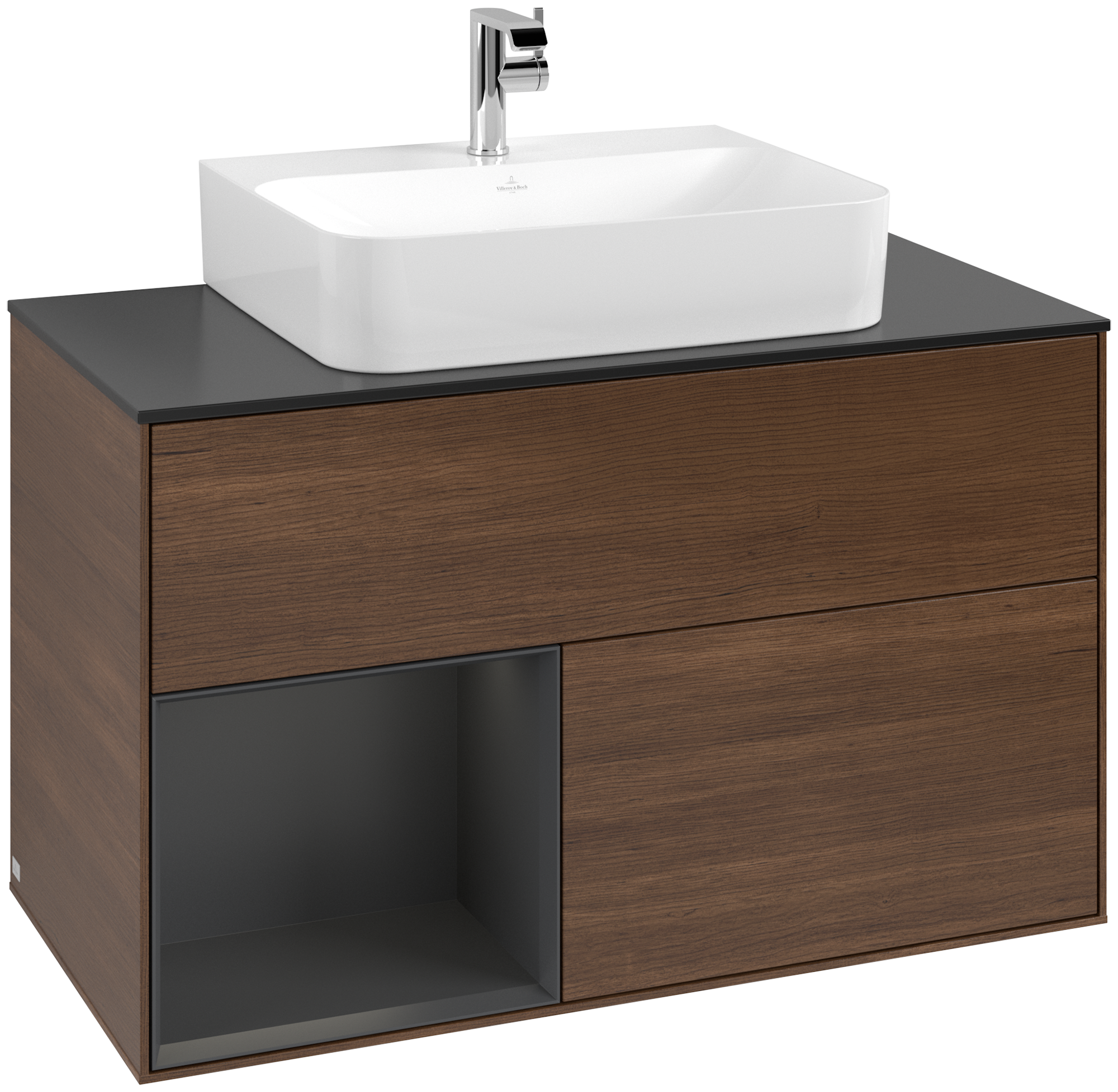 Villeroy & Boch Finion Vanity unit, with lighting, 2 pull-out compartments, 1000x603x501mm, Body: Walnut Veneer, Front: Walnut Veneer, Shelf: Silk Grey Matt Lacquer, Cover plate: Glass Black Matt