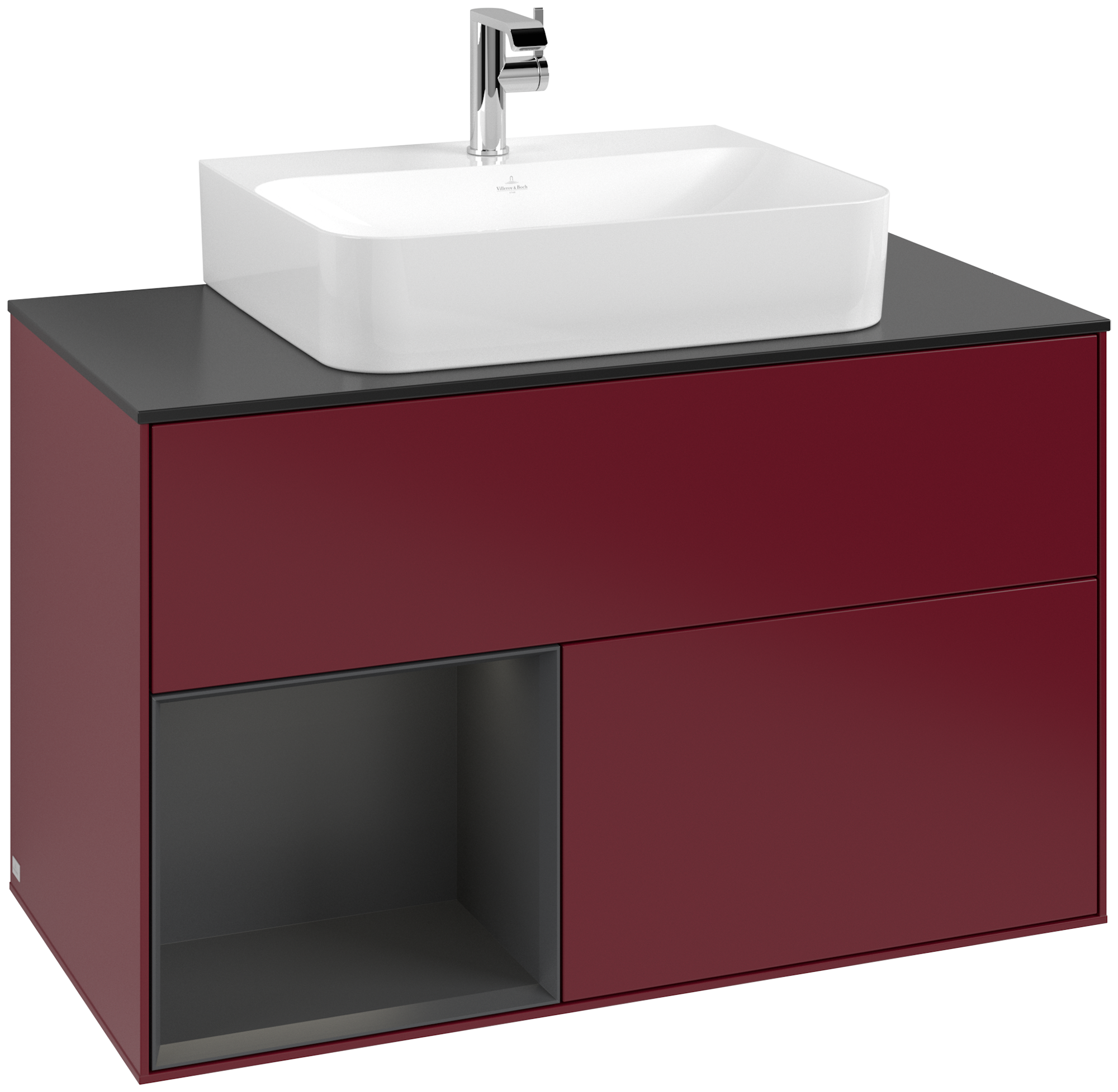 Villeroy & Boch Finion Vanity unit, with lighting, 2 pull-out compartments, 1000x603x501mm, Body: Peony Matt Lacquer, Front: Peony Matt Lacquer, Shelf: Silk Grey Matt Lacquer, Cover plate: Glass Black Matt