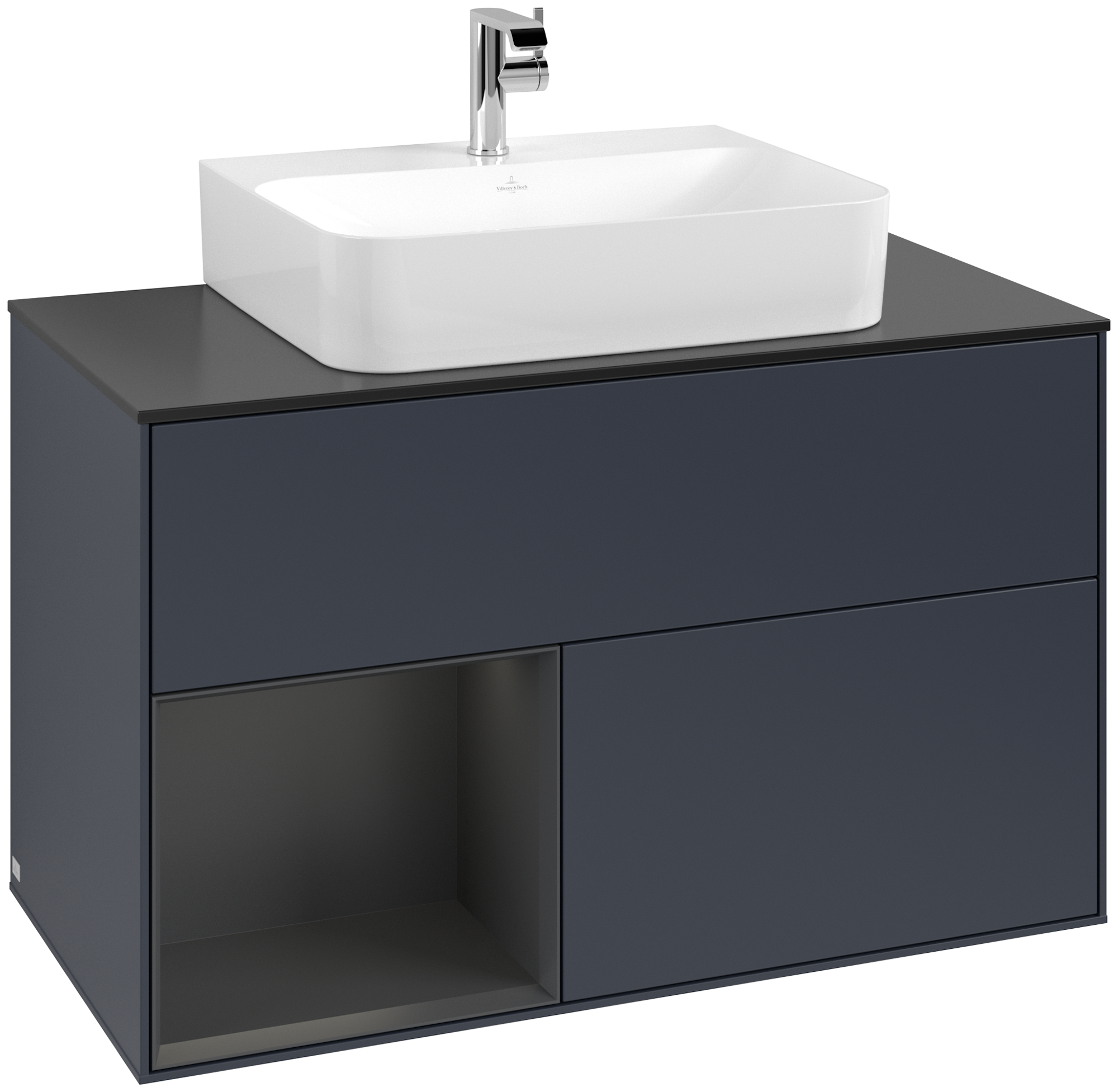 Villeroy & Boch Finion Vanity unit, with lighting, 2 pull-out compartments, 1000x603x501mm, Body: Midnight Blue Matt Lacquer, Front: Midnight Blue Matt Lacquer, Shelf: Silk Grey Matt Lacquer, Cover plate: Glass Black Matt
