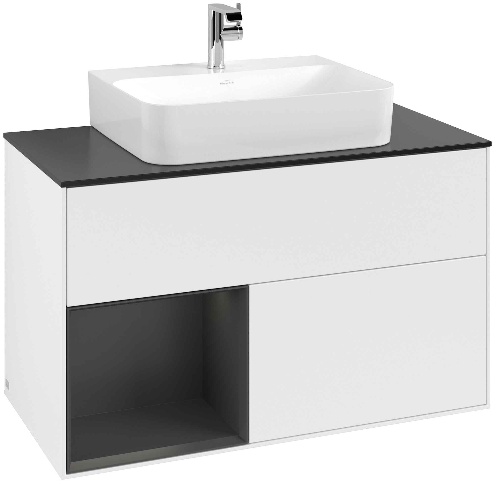 Villeroy & Boch Finion Vanity unit, with lighting, 2 pull-out compartments, 1000x603x501mm, Body: White Matt Lacquer, Front: White Matt Lacquer, Shelf: Silk Grey Matt Lacquer, Cover plate: Glass Black Matt