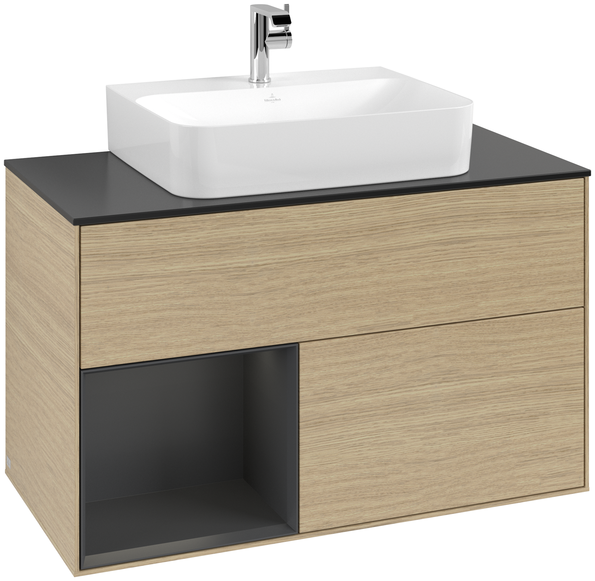 Villeroy & Boch Finion Vanity unit, with lighting, 2 pull-out compartments, 1000x603x501mm, Body: Oak Veneer, Front: Oak Veneer, Shelf: Silk Grey Matt Lacquer, Cover plate: Glass Black Matt
