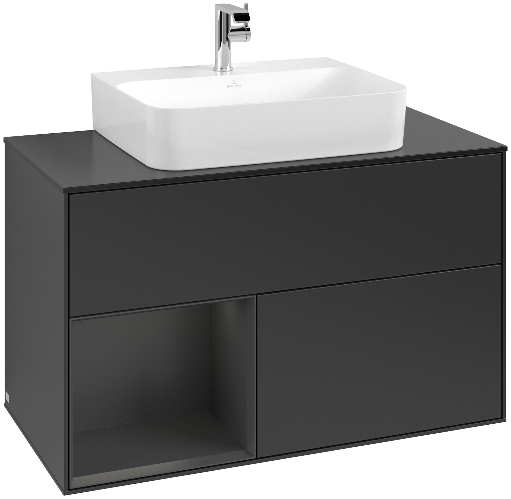 Villeroy & Boch Finion Vanity unit, with lighting, 2 pull-out compartments, 1000x603x501mm, Body: Black Matt Lacquer, Front: Black Matt Lacquer, Shelf: Silk Grey Matt Lacquer, Cover plate: Glass Black Matt