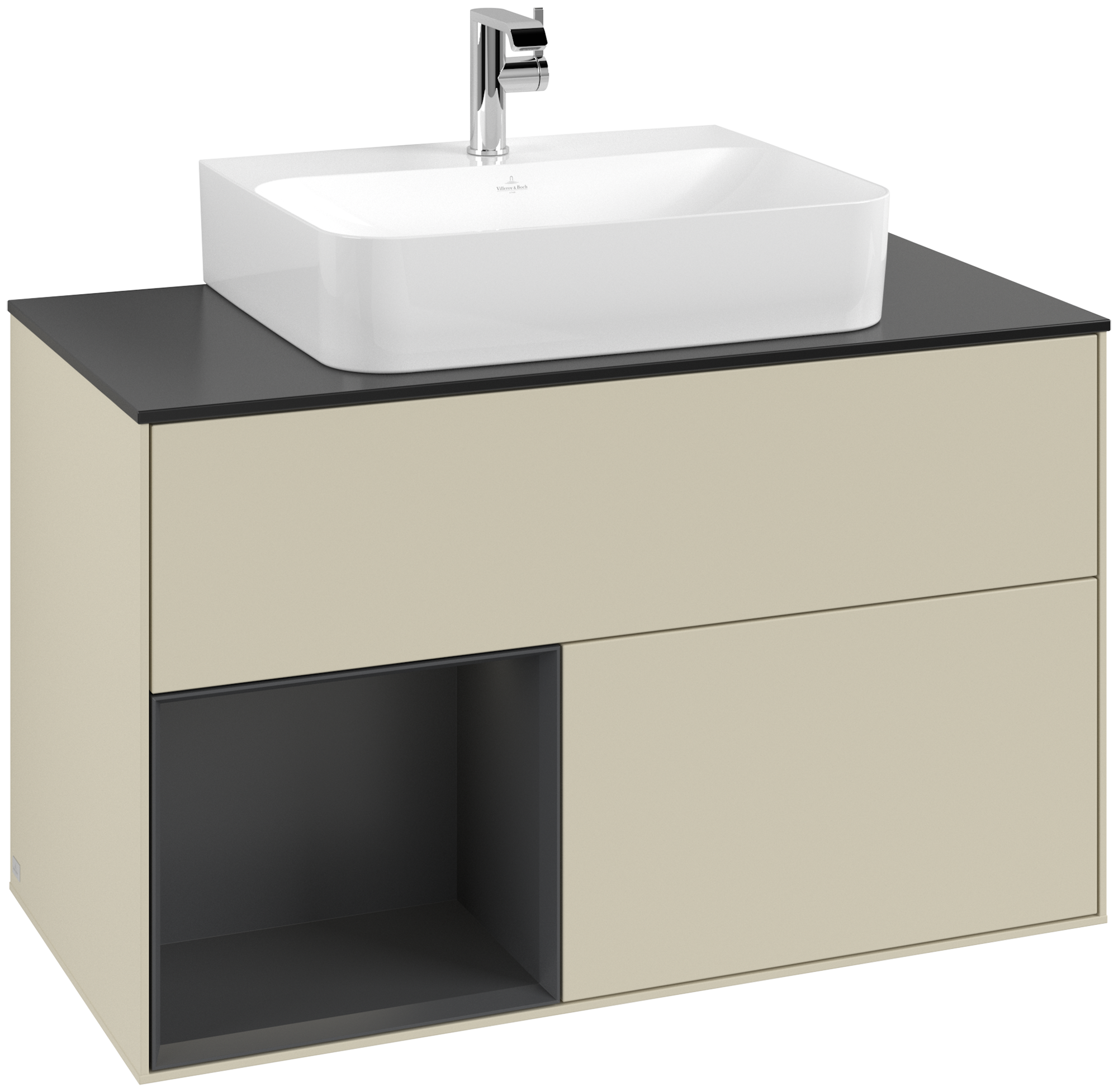 Villeroy & Boch Finion Vanity unit, with lighting, 2 pull-out compartments, 1000x603x501mm, Body: Silk Grey Matt Lacquer, Front: Silk Grey Matt Lacquer, Shelf: White Matt Lacquer, Cover plate: Glass Black Matt