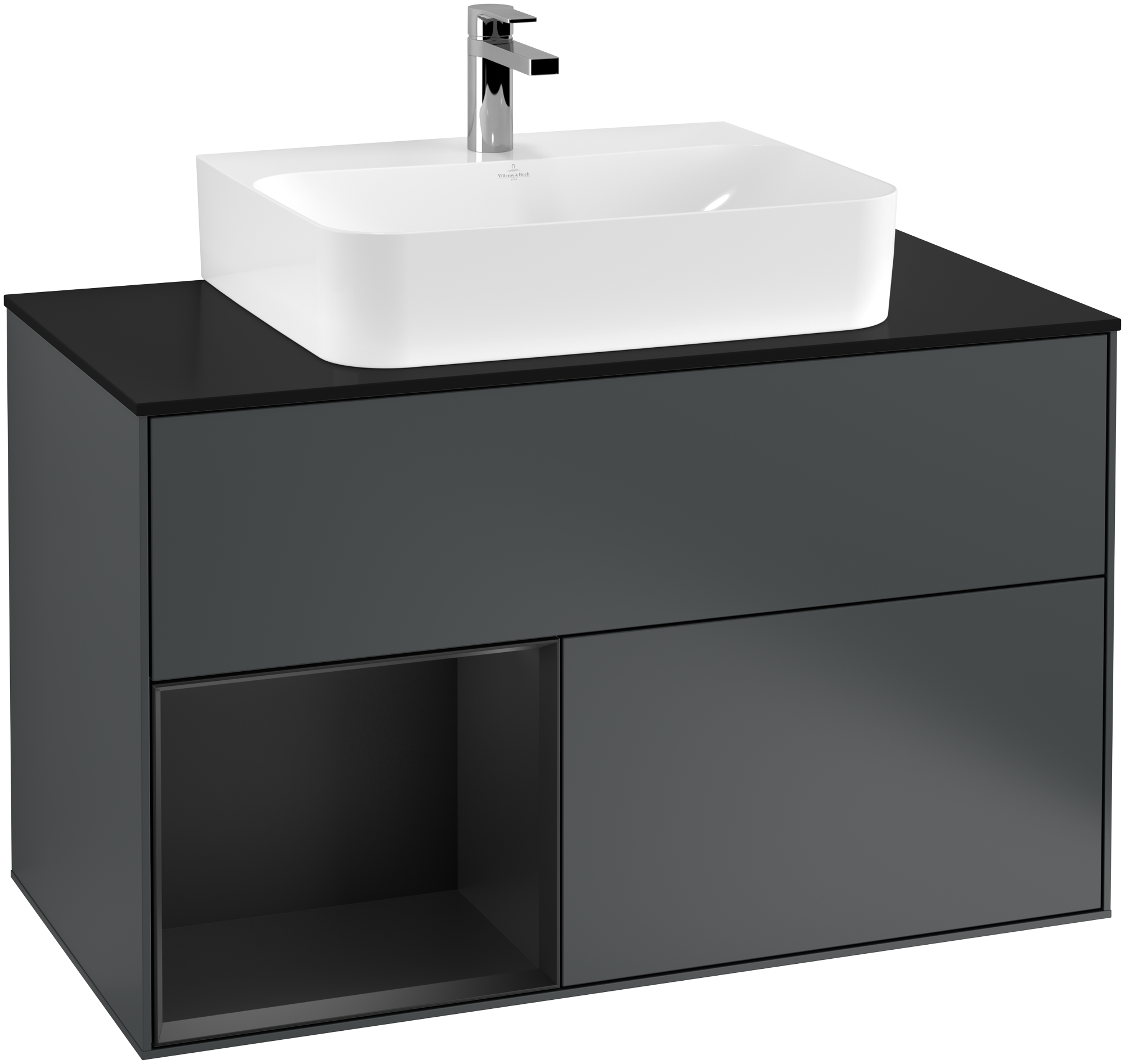 Villeroy & Boch Finion Waschbeckenunterschrank, mit Beleuchtung, 2 Auszüge, 1000x603x501mm, Korpus: Midnight Blue Matt Lacquer, Front: Midnight Blue Matt Lacquer, Regalelement: Black Matt Lacquer, Abdeckplatte: Glass Black Matt