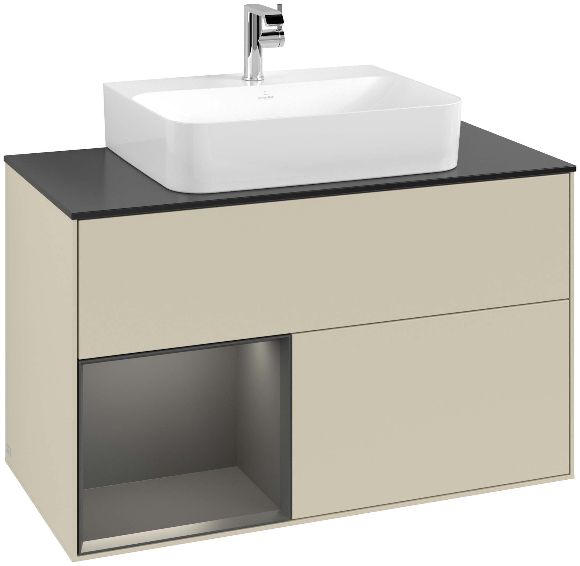 Villeroy & Boch Finion Vanity unit, with lighting, 2 pull-out compartments, 1000x603x501mm, Body: Silk Grey Matt Lacquer, Front: Silk Grey Matt Lacquer, Shelf: Black Matt Lacquer, Cover plate: Glass Black Matt