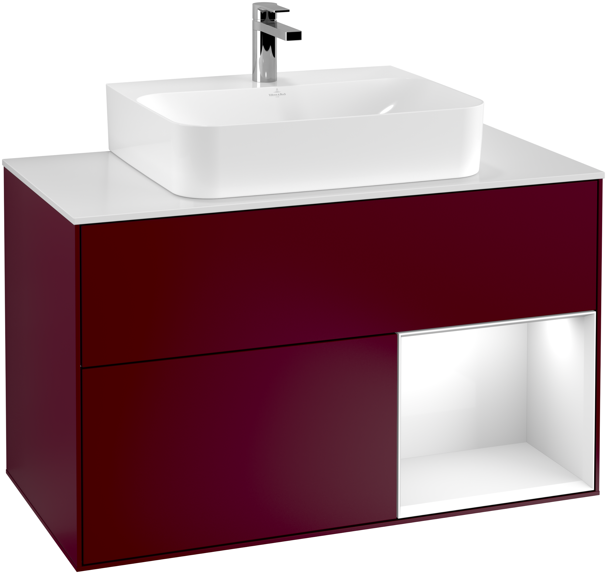 Villeroy & Boch Finion Waschbeckenunterschrank, mit Beleuchtung, 2 Auszüge, 1000x603x501mm, Korpus: Peony Matt Lacquer, Front: Peony Matt Lacquer, Regalelement: Glossy White Lacquer, Abdeckplatte: Glass White Matt