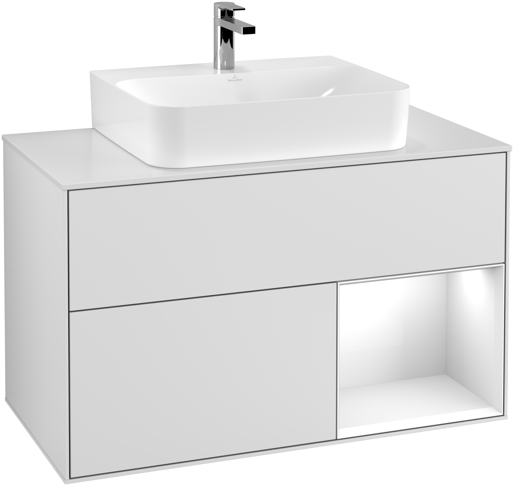 Villeroy & Boch Finion Waschbeckenunterschrank, mit Beleuchtung, 2 Auszüge, 1000x603x501mm, Korpus: White Matt Lacquer, Front: White Matt Lacquer, Regalelement: Glossy White Lacquer, Abdeckplatte: Glass White Matt