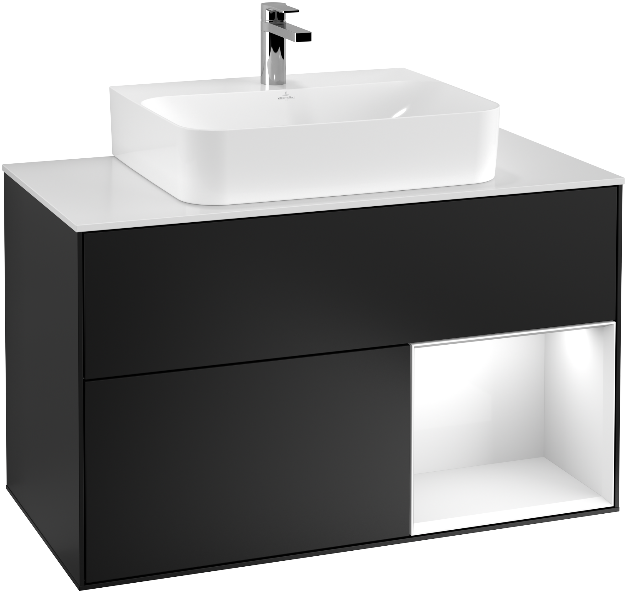 Villeroy & Boch Finion Waschbeckenunterschrank, mit Beleuchtung, 2 Auszüge, 1000x603x501mm, Korpus: Black Matt Lacquer, Front: Black Matt Lacquer, Regalelement: Glossy White Lacquer, Abdeckplatte: Glass White Matt
