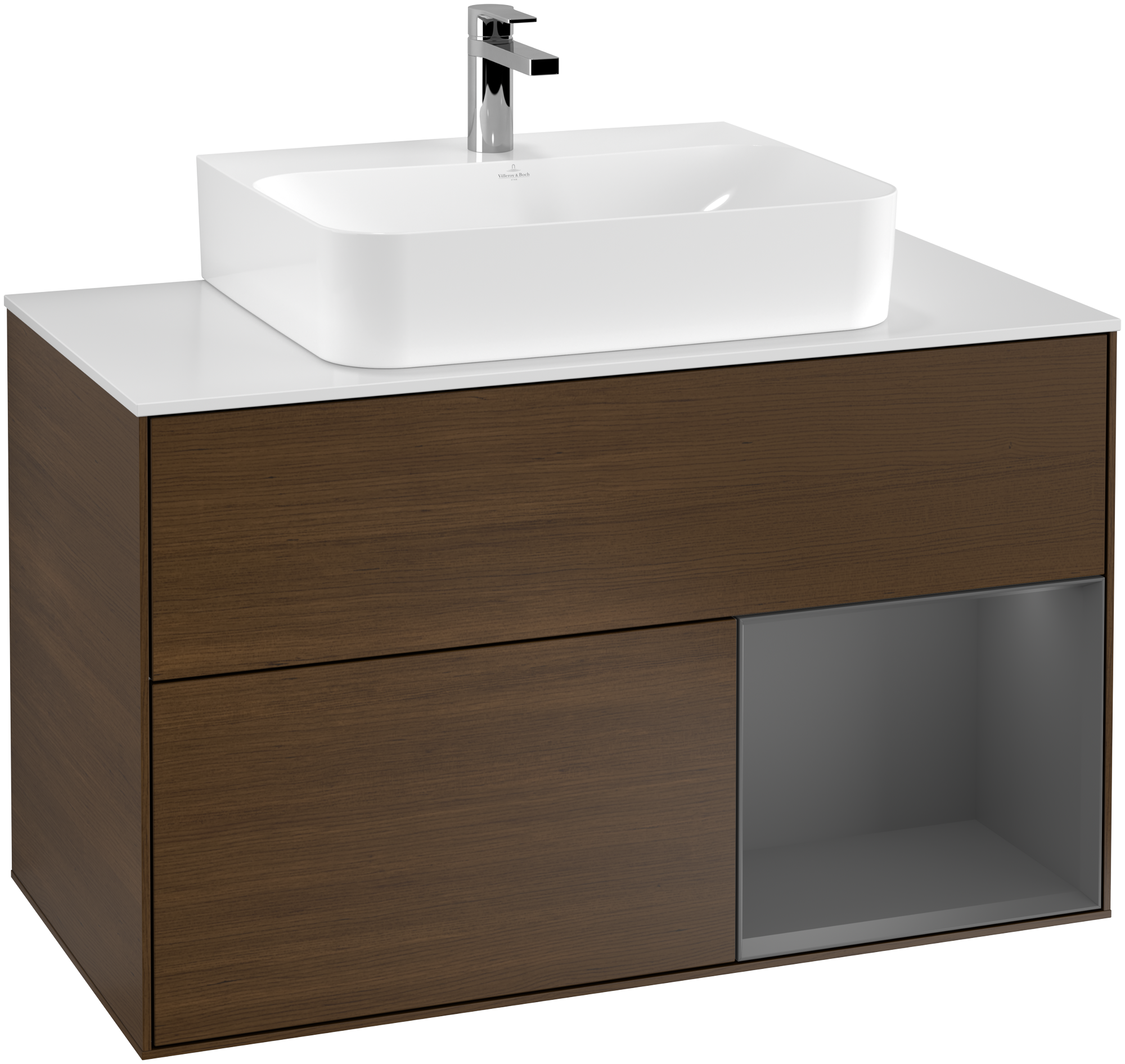 Villeroy & Boch Finion Vanity unit, with lighting, 2 pull-out compartments, 1000x603x501mm, Body: Walnut Veneer, Front: Walnut Veneer, Shelf: Anthracite Matt Lacquer, Cover plate: Glass White Matt
