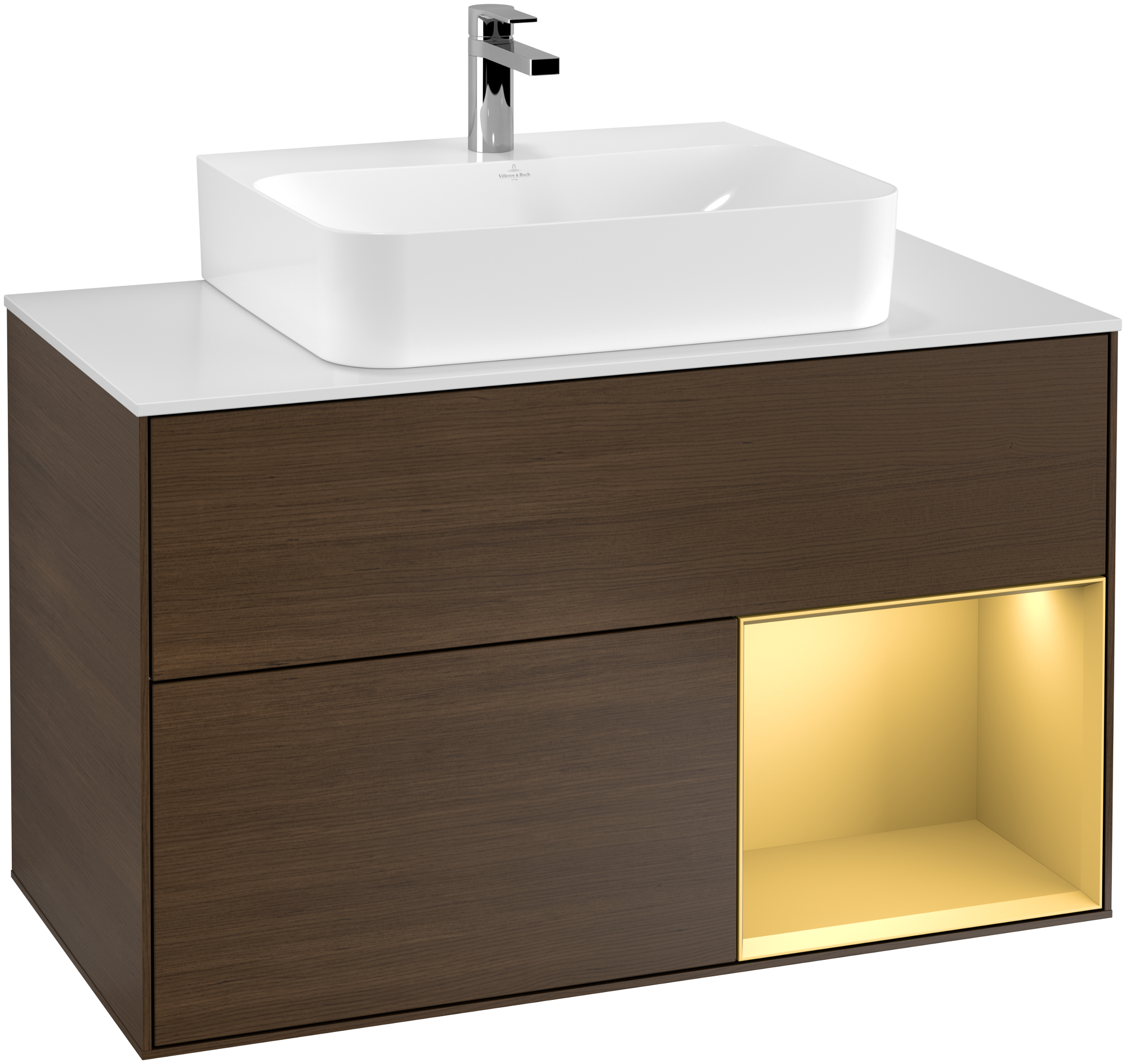 Villeroy & Boch Finion Vanity unit, with lighting, 2 pull-out compartments, 1000x603x501mm, Body: Walnut Veneer, Front: Walnut Veneer, Shelf: Gold Matt Lacquer, Cover plate: Glass White Matt