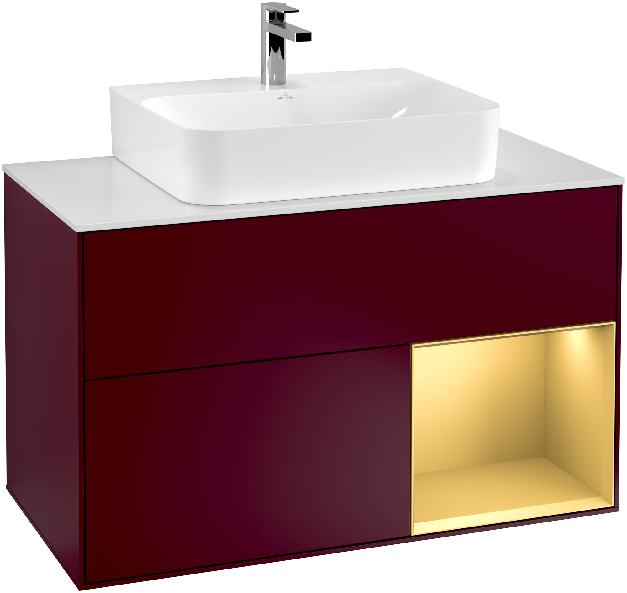 Villeroy & Boch Finion Vanity unit, with lighting, 2 pull-out compartments, 1000x603x501mm, Body: Peony Matt Lacquer, Front: Peony Matt Lacquer, Shelf: Gold Matt Lacquer, Cover plate: Glass White Matt
