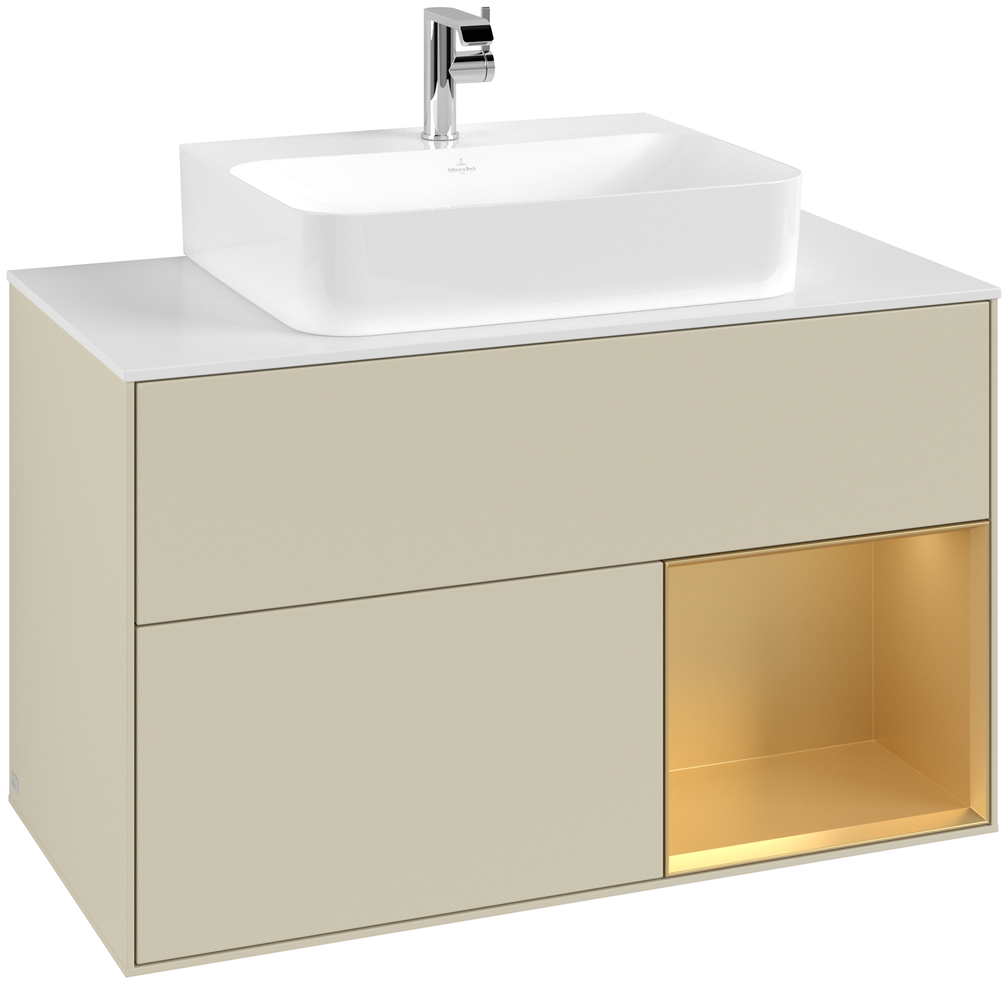 Villeroy & Boch Finion Modulo bajo, con iluminación, 2 compartimentos extraíbles, 1000x603x501mm, Cuerpo: Silk Grey Matt Lacquer, Frontal: Silk Grey Matt Lacquer, Estante: Gold Matt Lacquer, Placa de cubierta: Glass White Matt