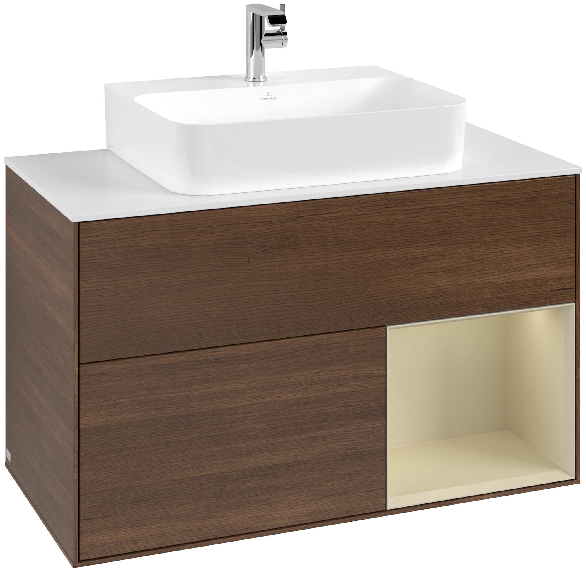 Villeroy & Boch Finion Meuble sous plan, avec éclairage, 2 tiroirs sur rails, 1000x603x501mm, Caisson: Walnut Veneer, Façade: Walnut Veneer, Élément d’étagère: Silk Grey Matt Lacquer, Plaque de recouvrement: Glass White Matt
