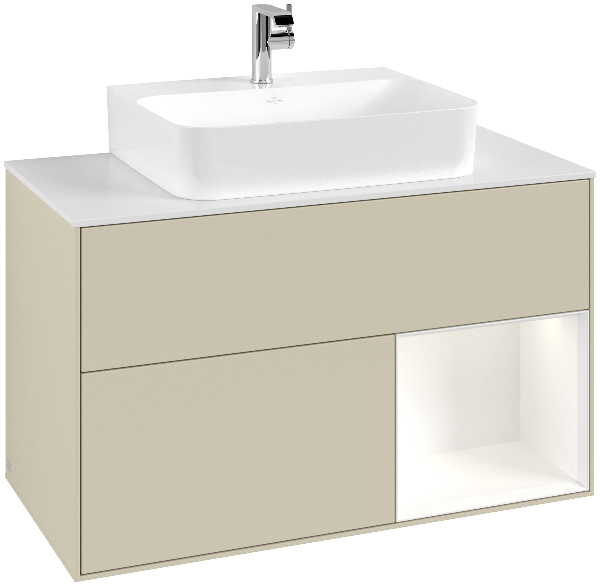 Villeroy & Boch Finion Modulo bajo, con iluminación, 2 compartimentos extraíbles, 1000x603x501mm, Cuerpo: Silk Grey Matt Lacquer, Frontal: Silk Grey Matt Lacquer, Estante: White Matt Lacquer, Placa de cubierta: Glass White Matt